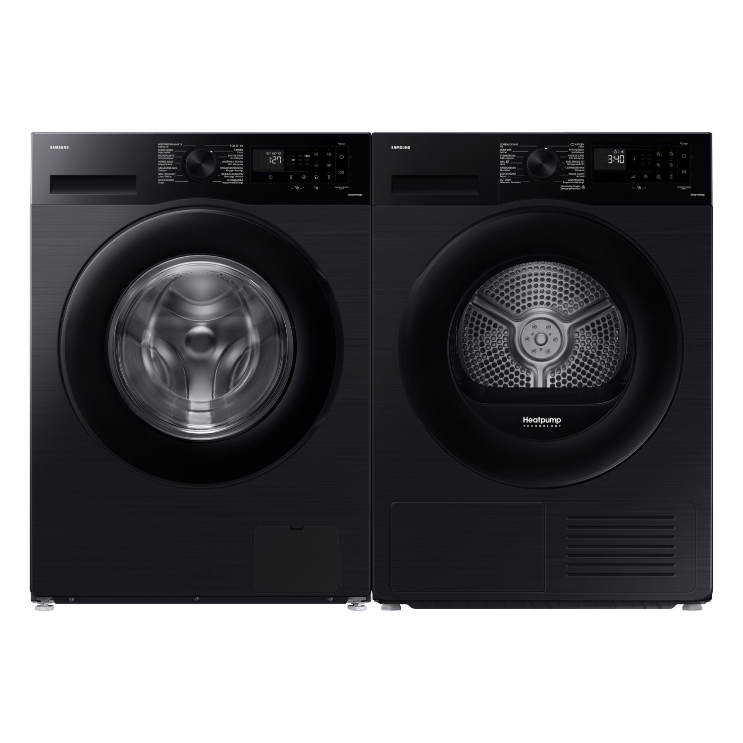 Twee zwarte Samsung wasmachines naast elkaar, met displays.