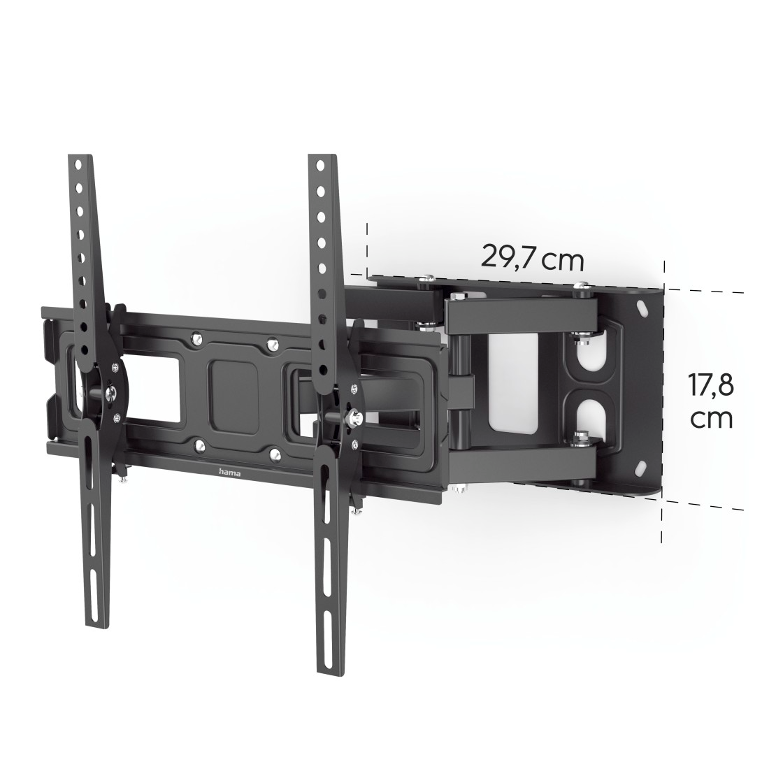 Fekete TV fali tartó, méretekkel: 29,7 cm és 17,8 cm.