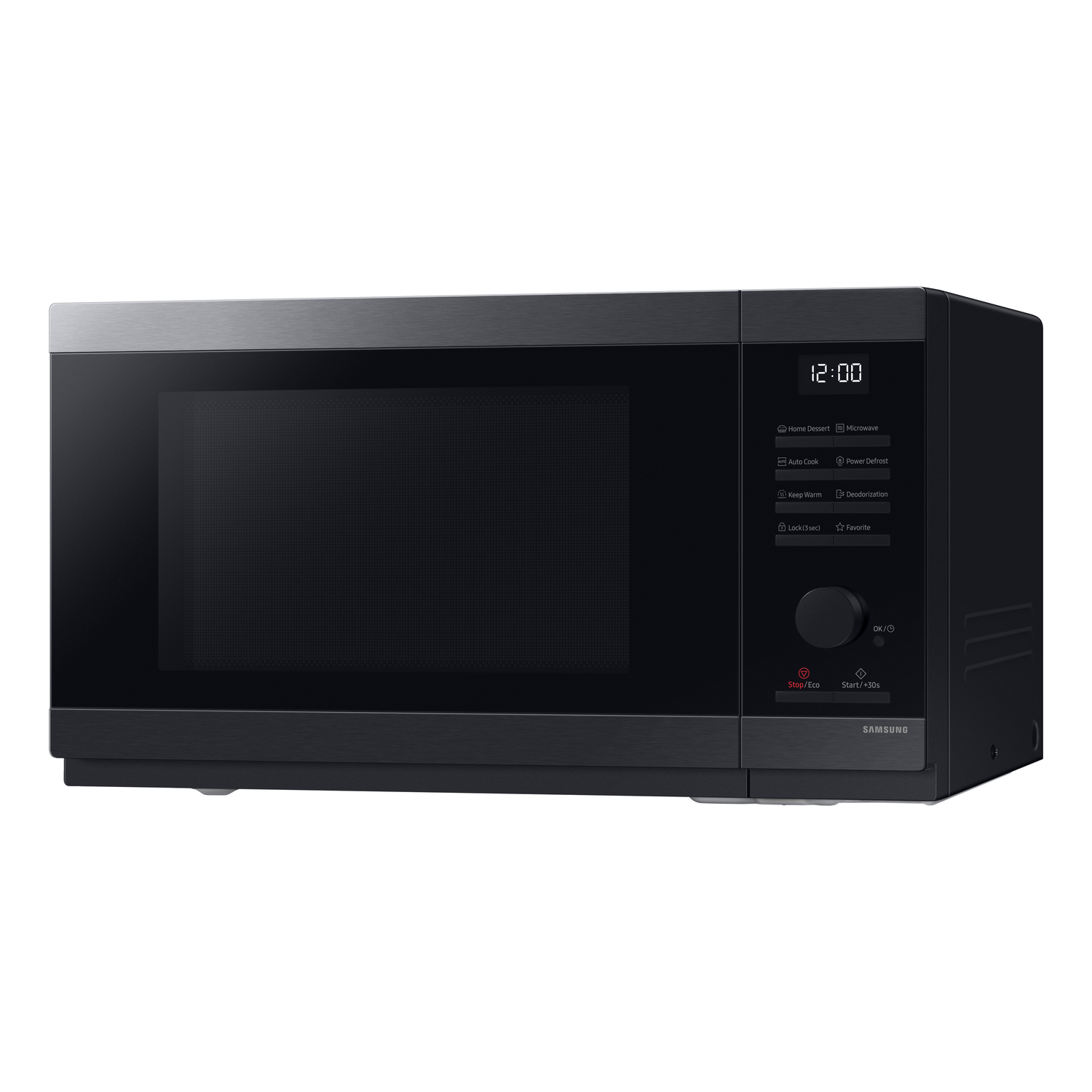 Four à micro-ondes noir avec panneau de commande et affichage numérique.