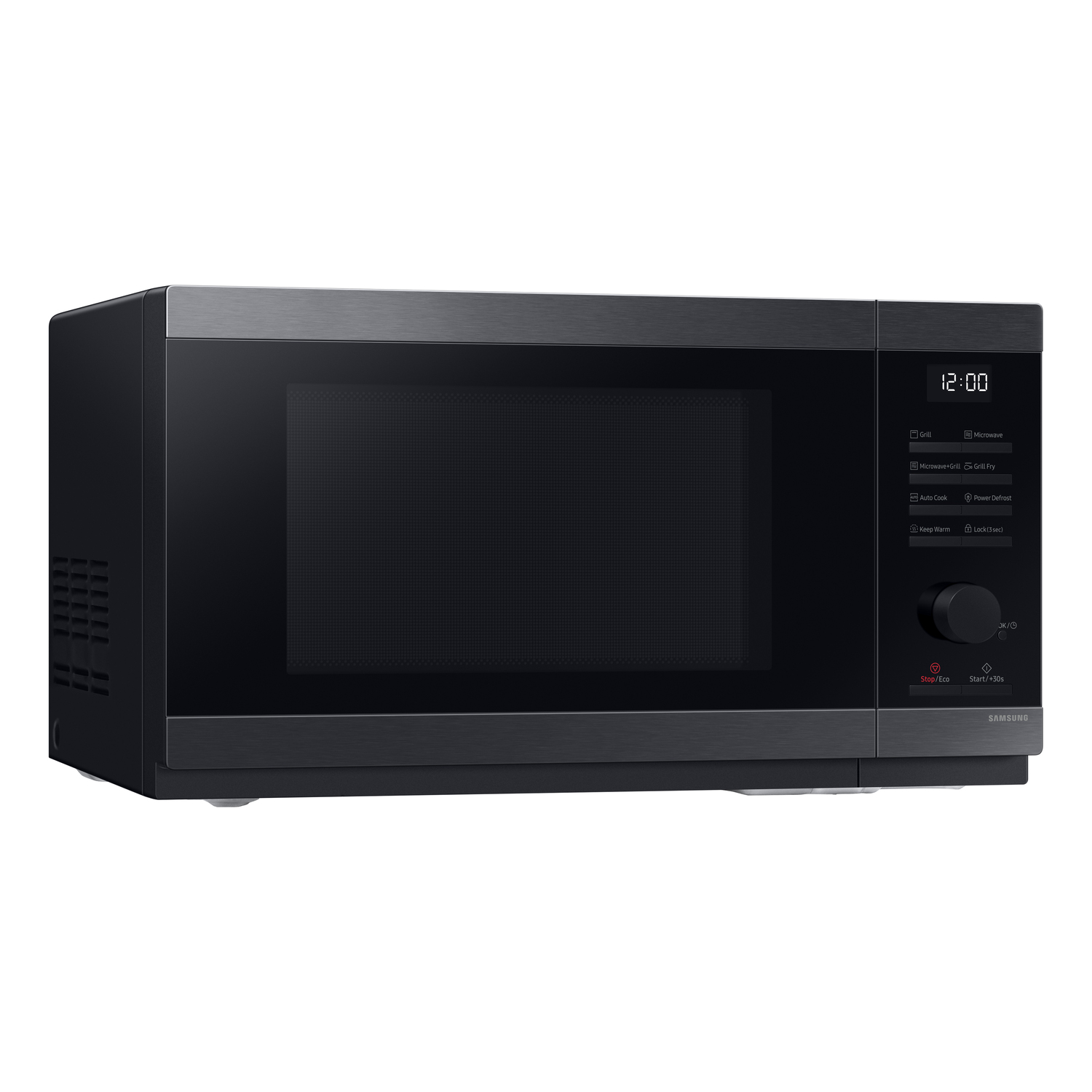Black microwave oven, silver trim, with digital display and control panel.