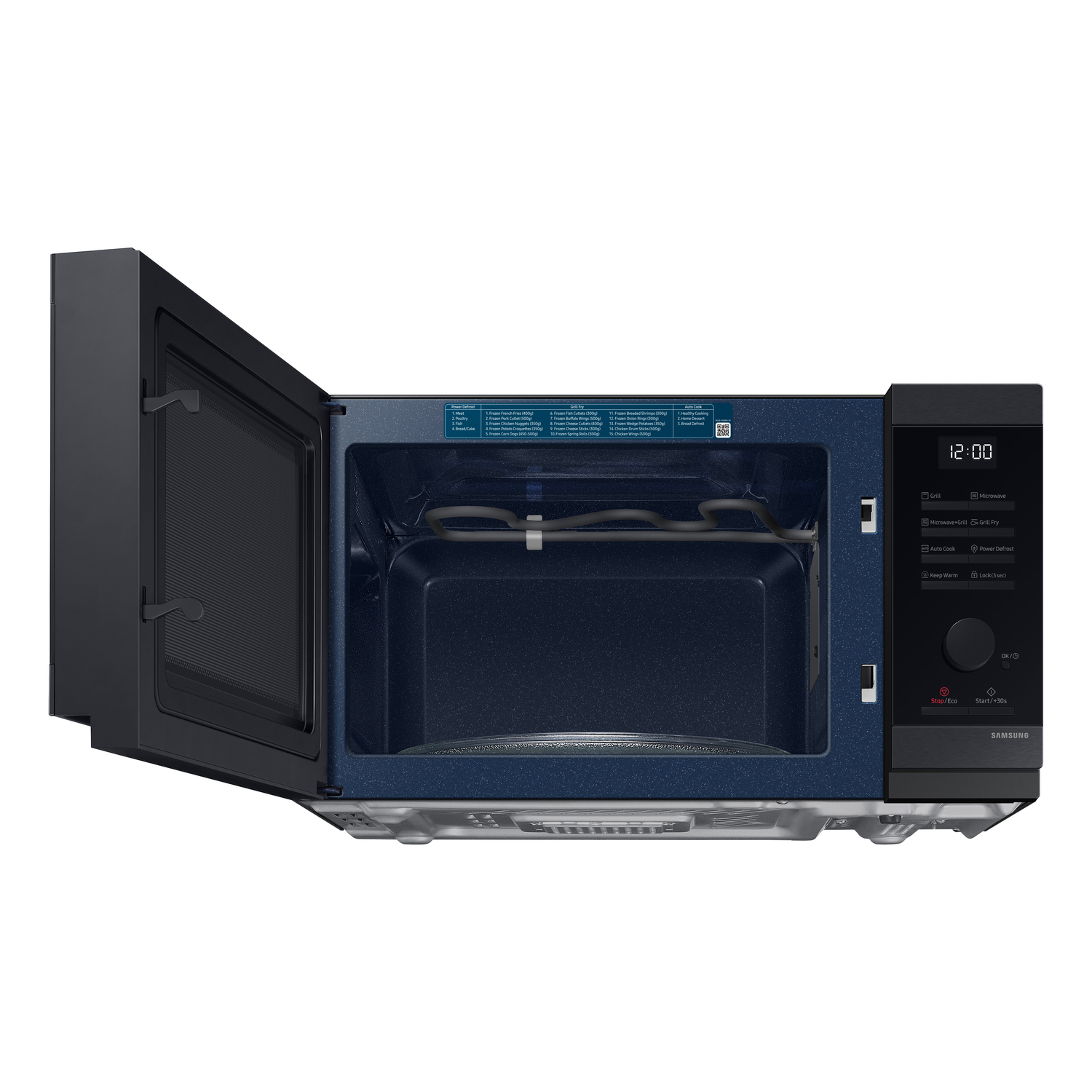 A Samsung microwave oven with the door open. The interior is dark blue. A clock display is visible.