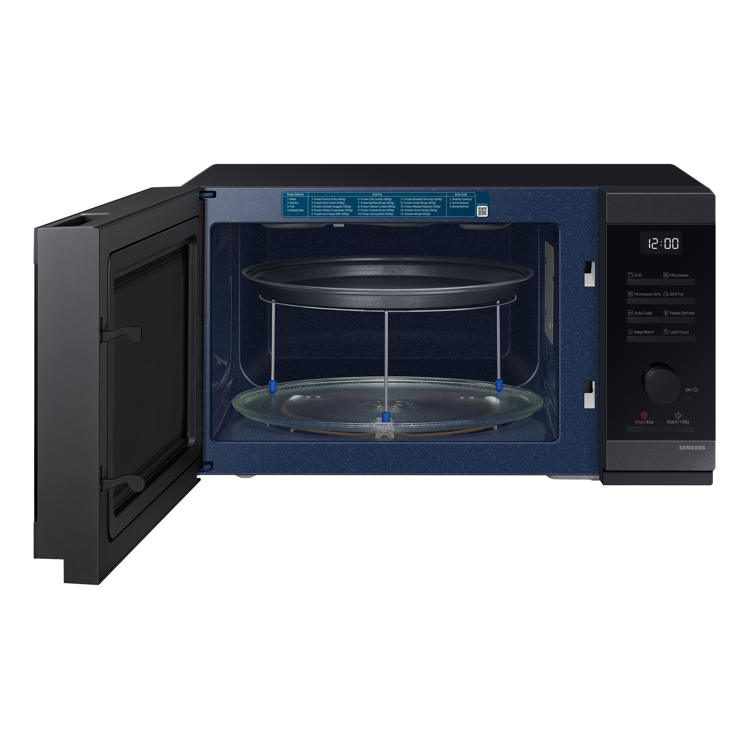 Black microwave with open door. Inside, a glass plate and a metal rack are visible.
