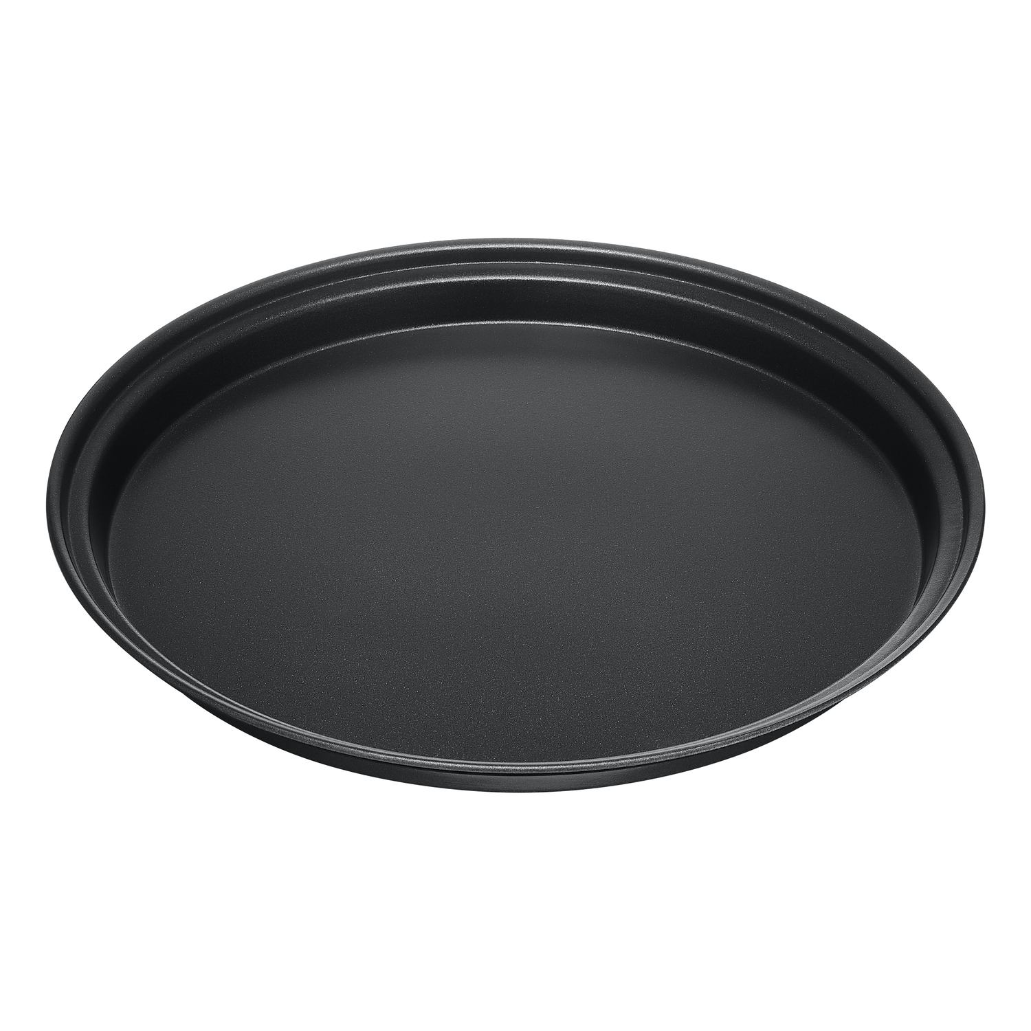 Black, round baking tray on a white background. The tray has a slightly raised edge.
