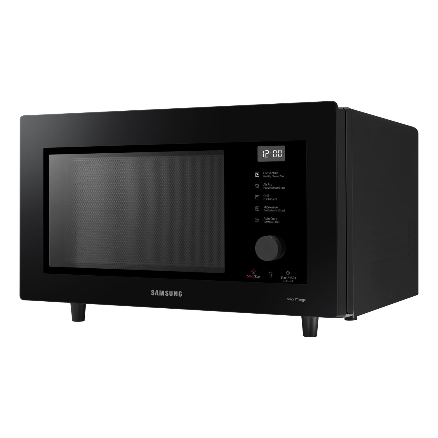 Black microwave oven with digital display and control panel, on a white surface.