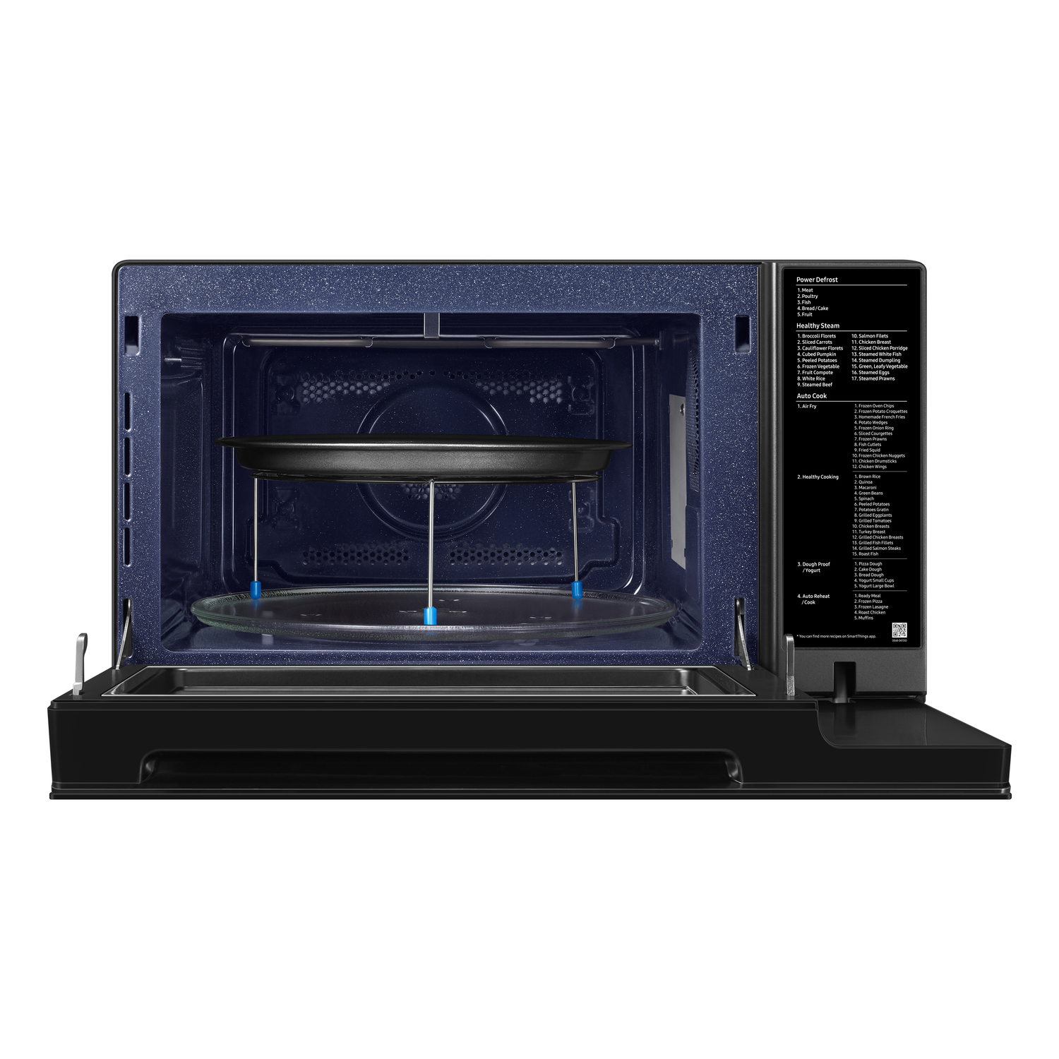 Microwave oven, open. Interior shows a turntable and a control panel with cooking options.