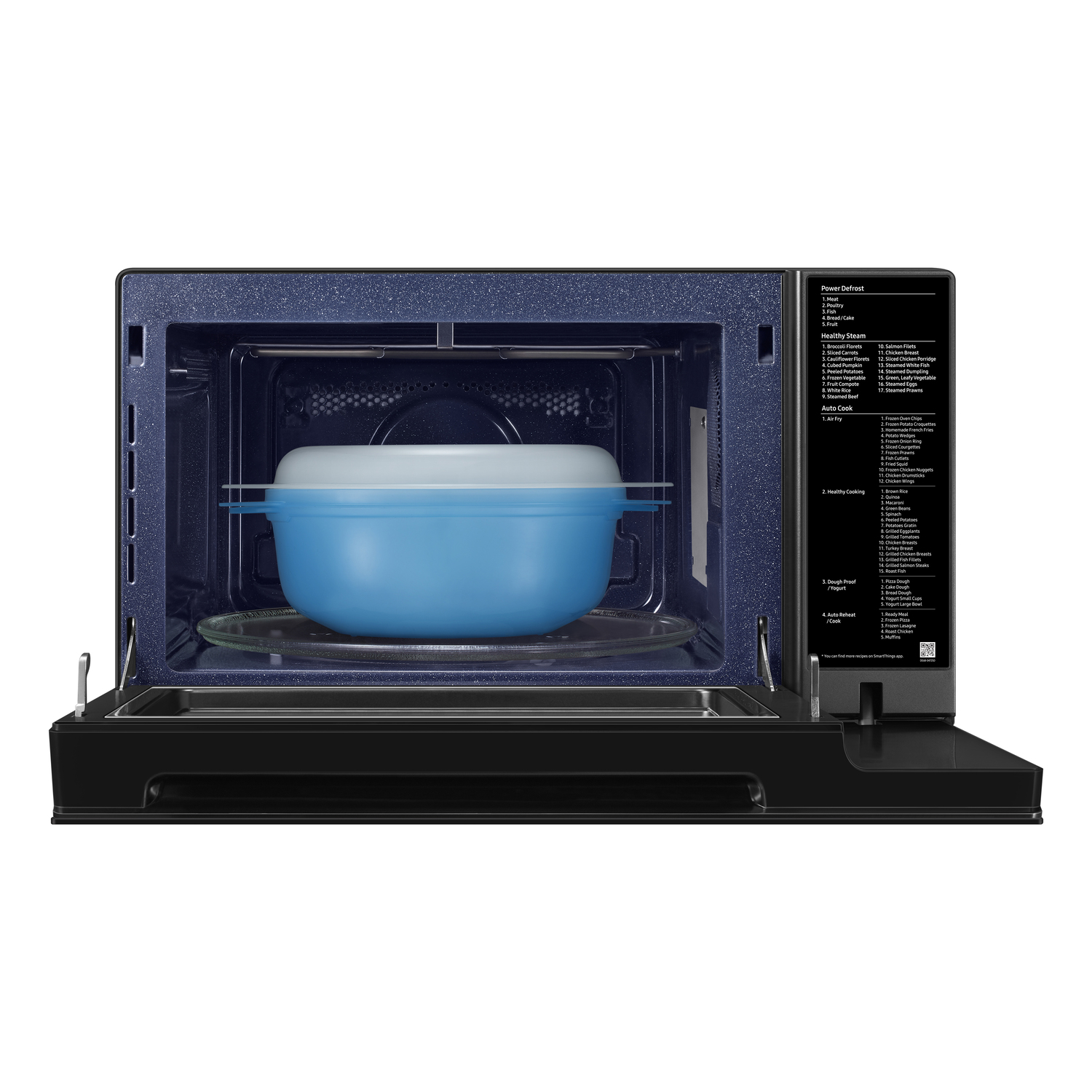 A blue bowl inside a microwave oven.
