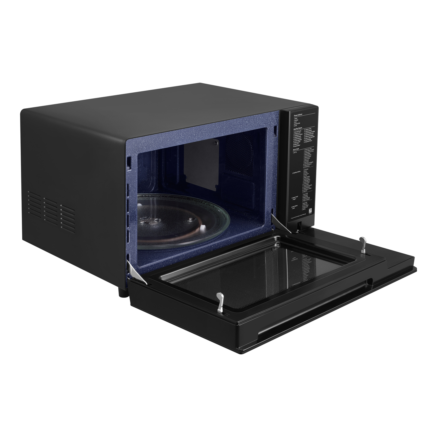 A black Samsung microwave with the door open, inside has a blue interior.