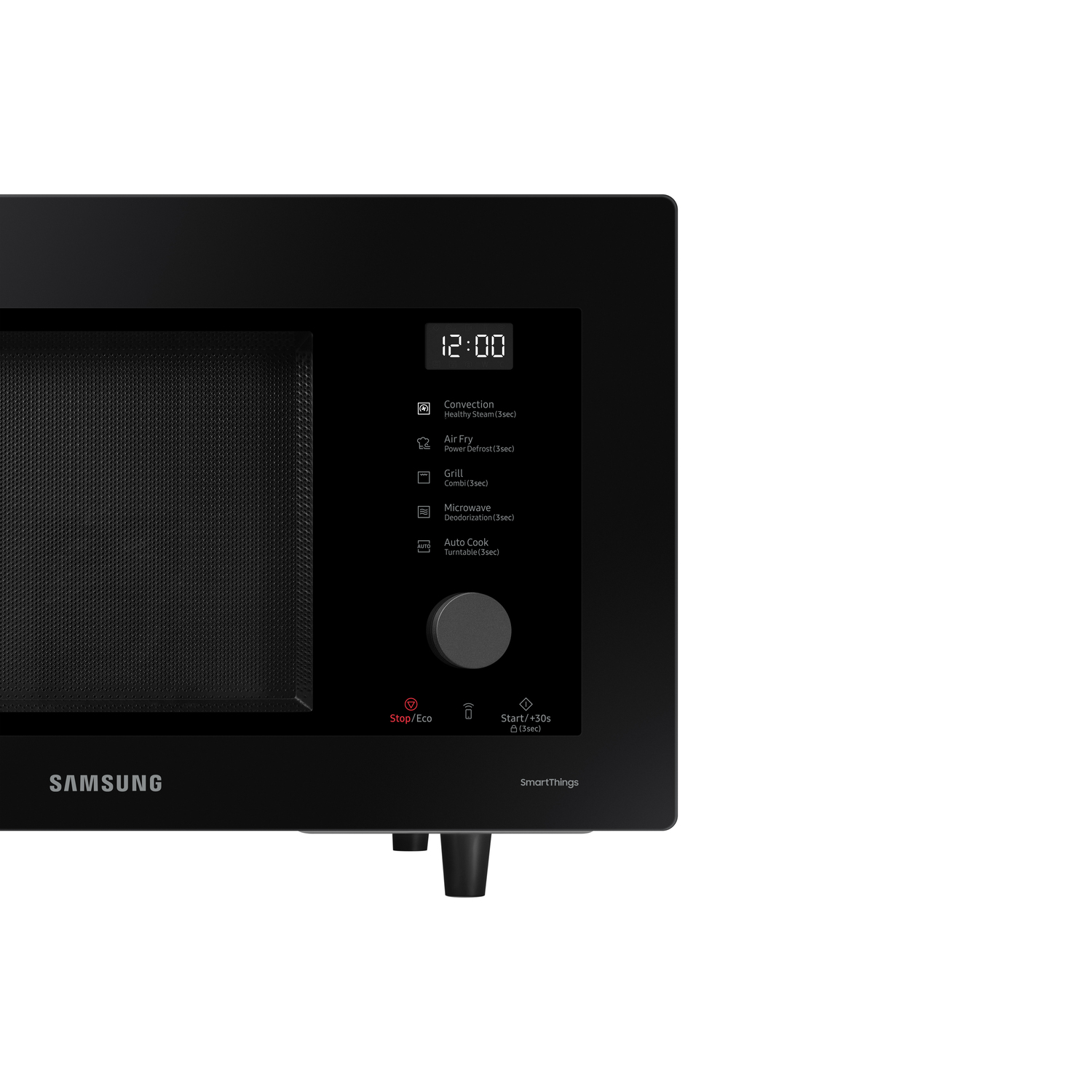 A close-up of a black Samsung microwave oven, showing the control panel and the door closed.