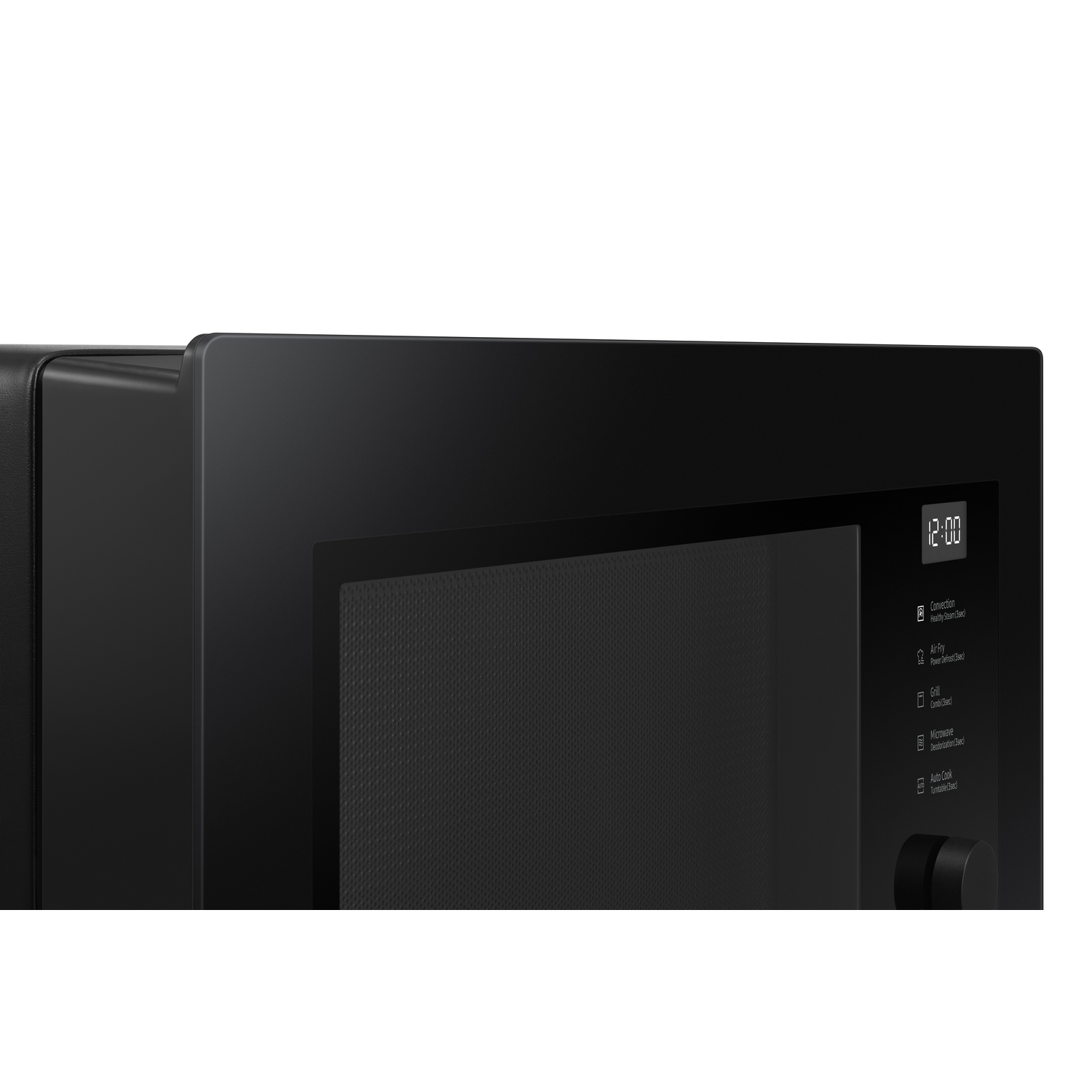 Close-up of a black microwave oven with the door slightly open. Display shows 12:00.
