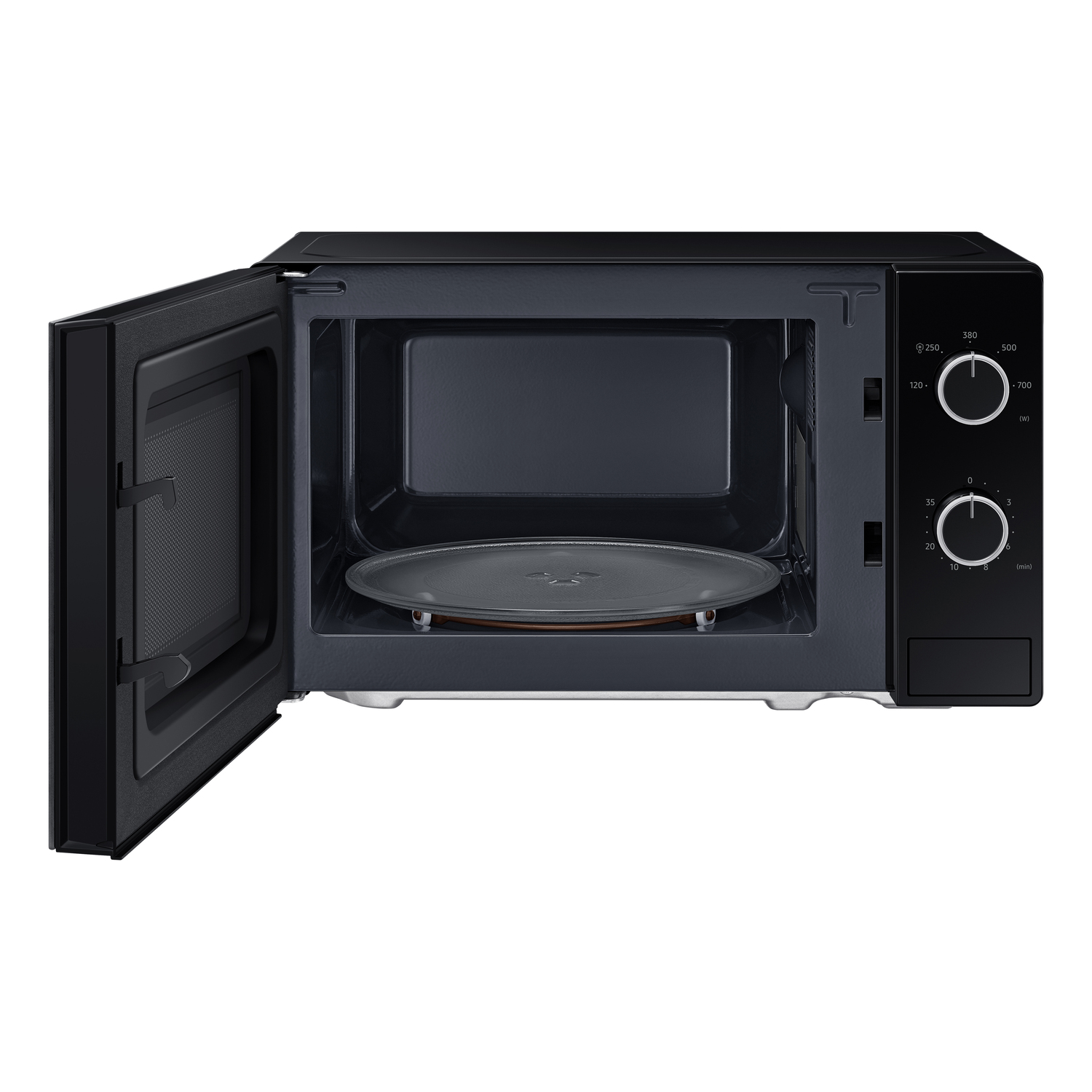 Black microwave with door open, revealing a round glass plate inside. Control panel on the right.