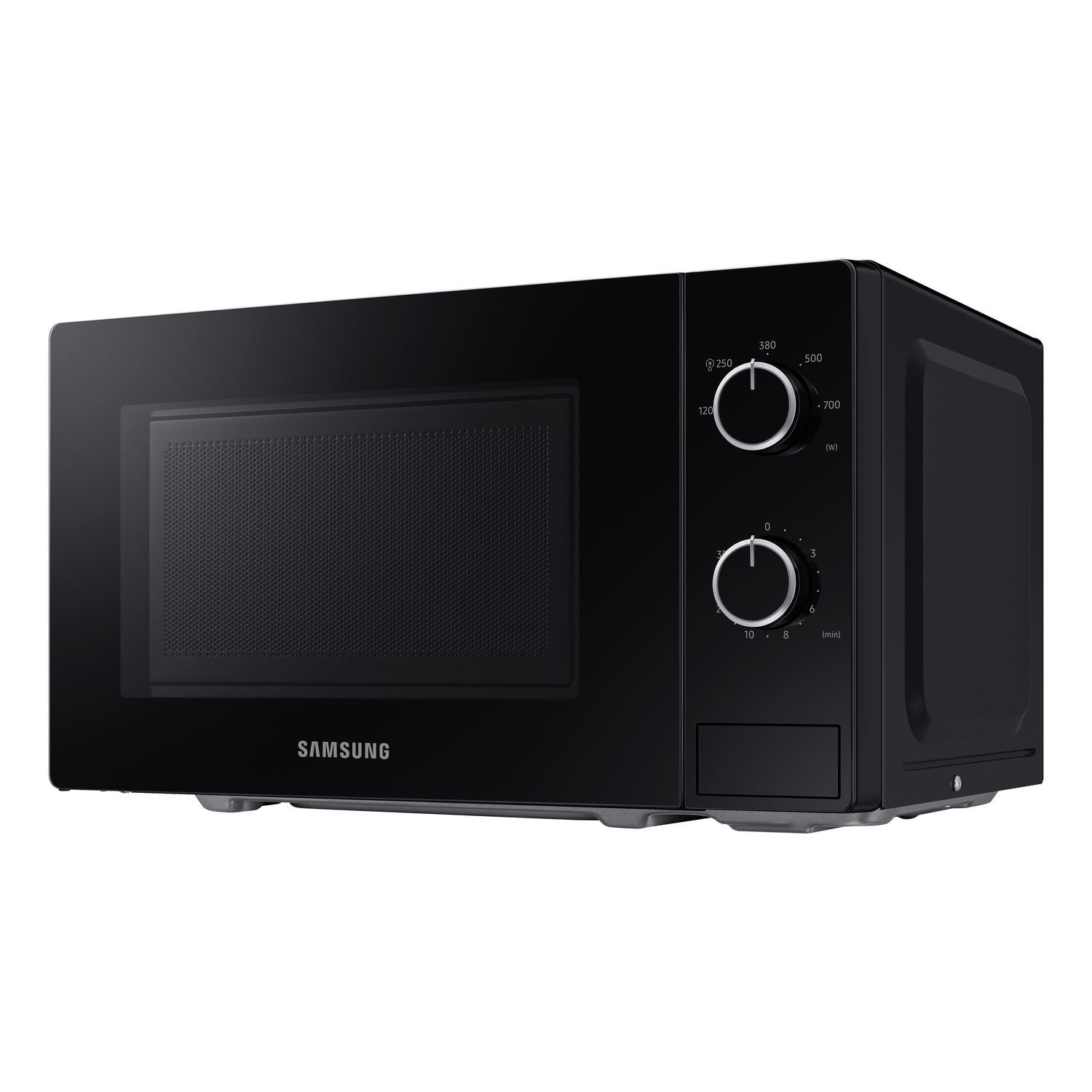 Black microwave oven with digital display, buttons, and the Samsung logo.