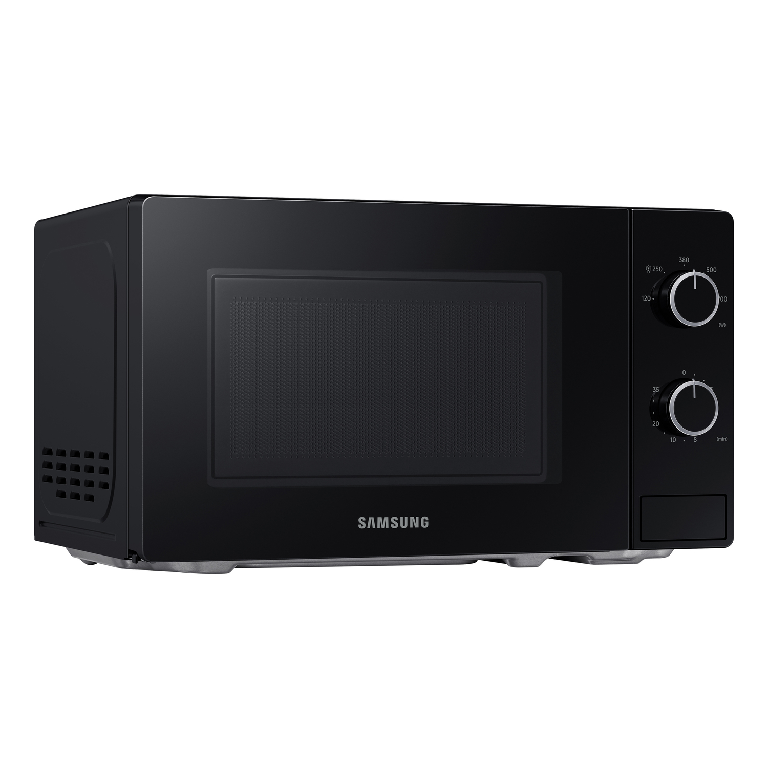 Black microwave oven. Buttons and dials on the right, with a glass door and the Samsung logo.