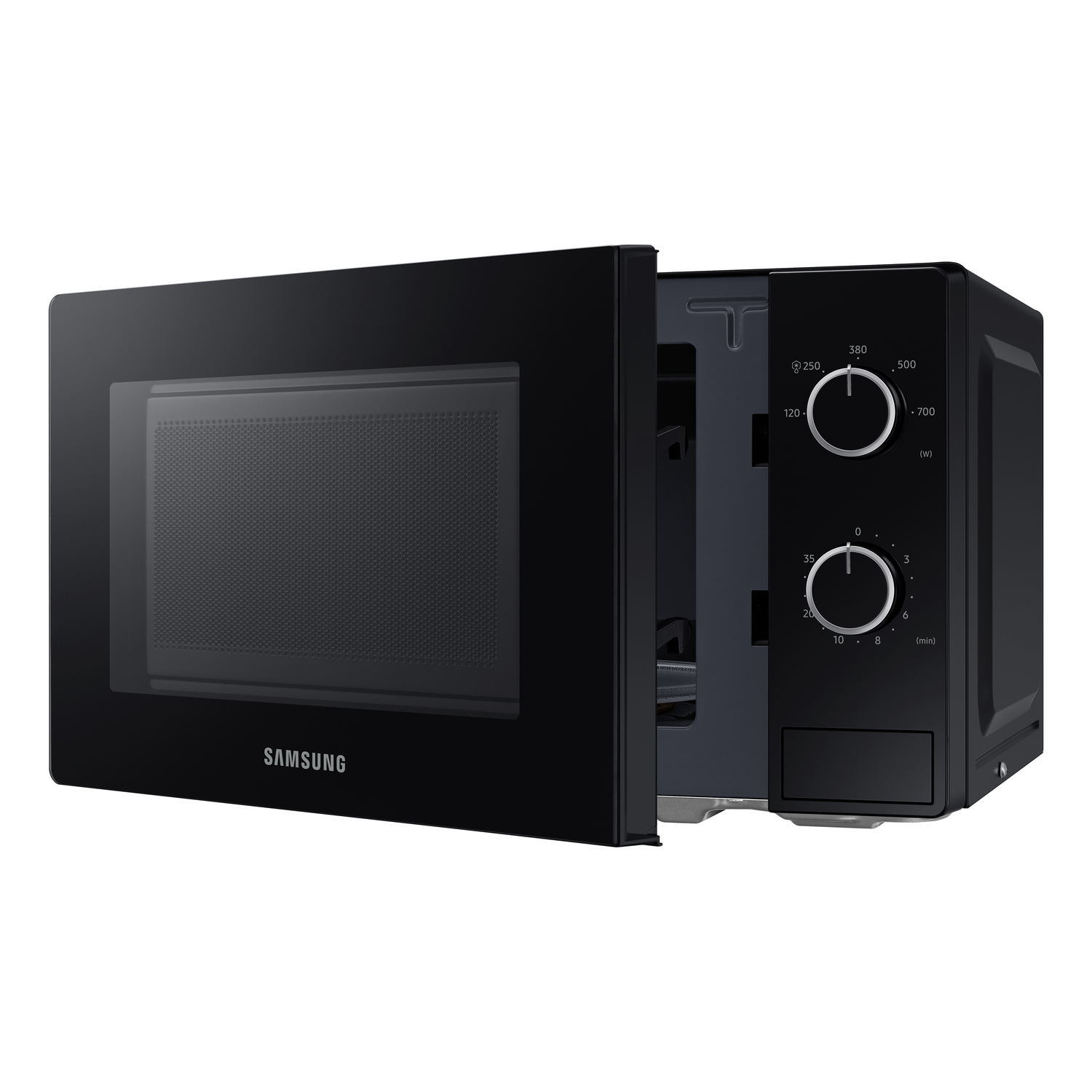 Black Samsung microwave oven, with the door partially open.