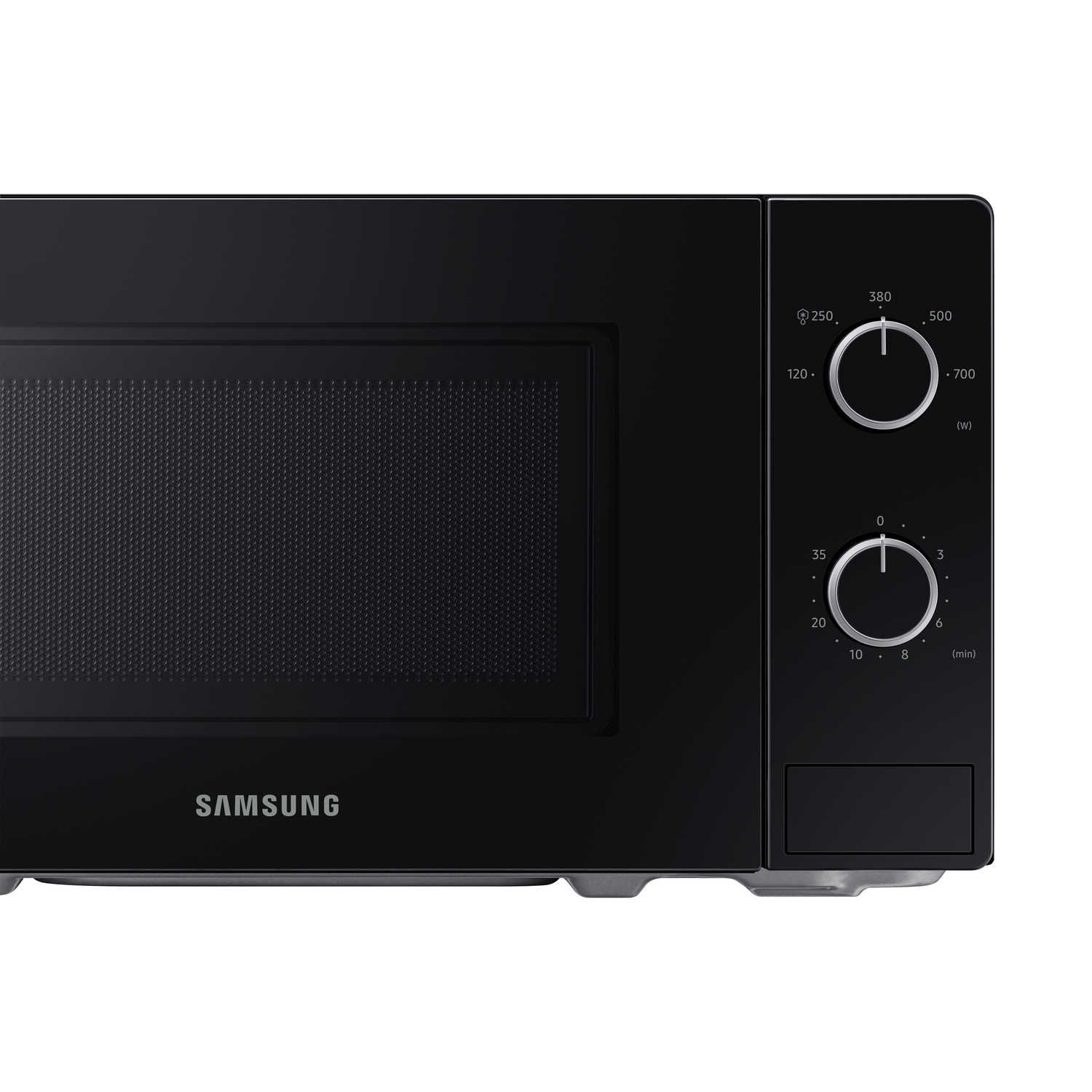 Black microwave with control dials and the Samsung logo.