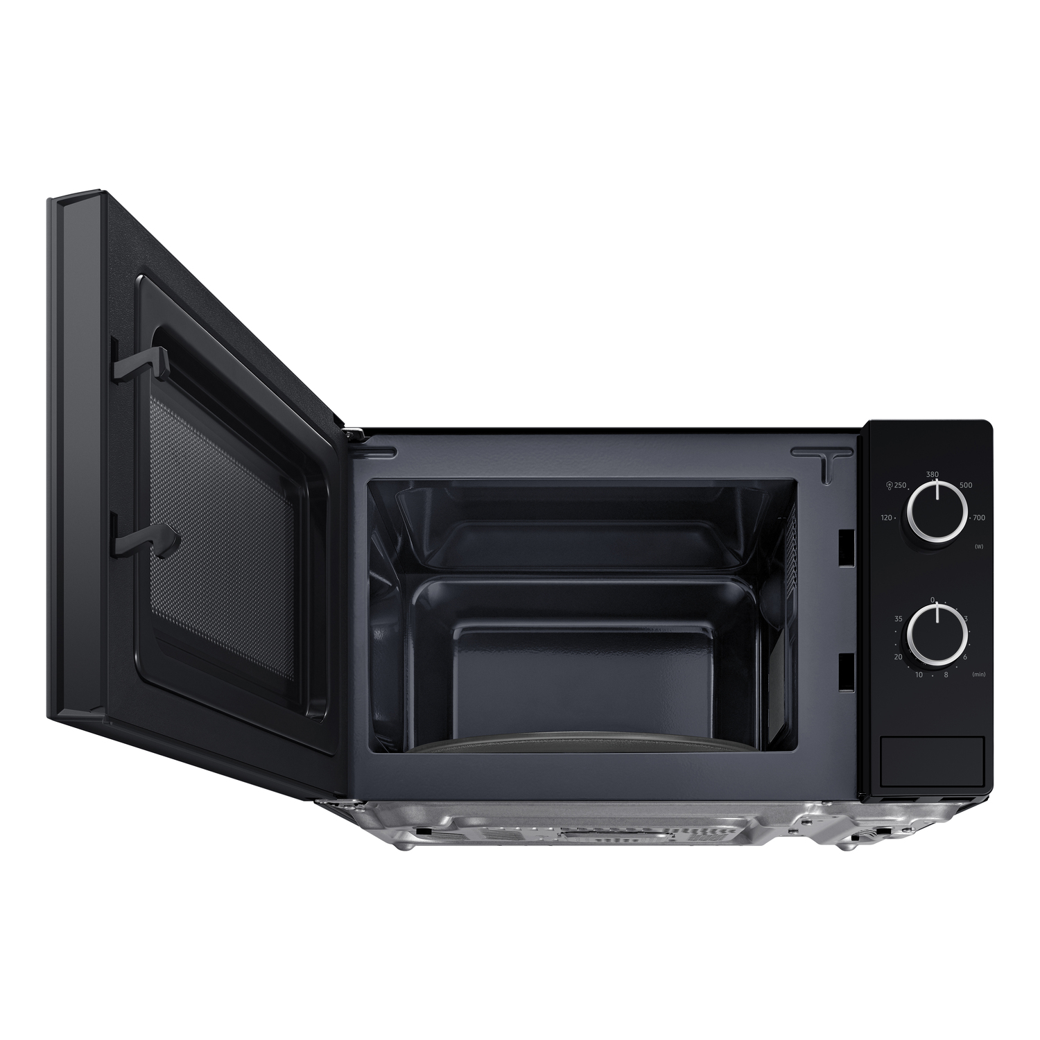 Microwave with the door open. The interior is dark, with control dials on the right.