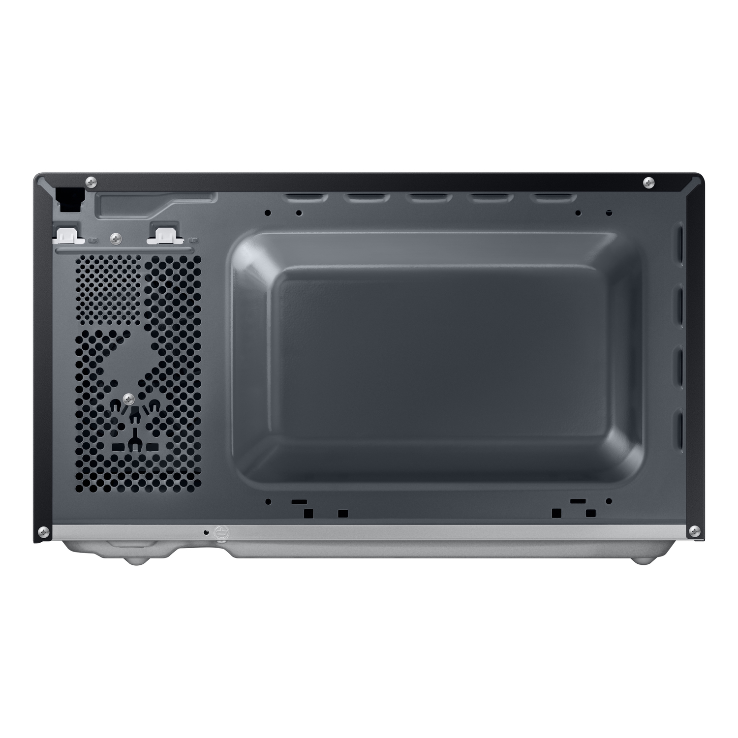 Back of a microwave oven showing fan and components.