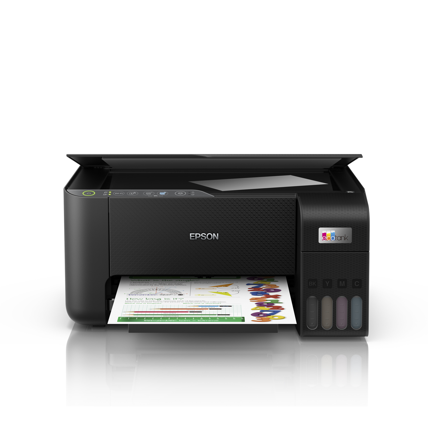 Zwarte Epson-printer met open bovenkant en papier erin, kleurentanks.