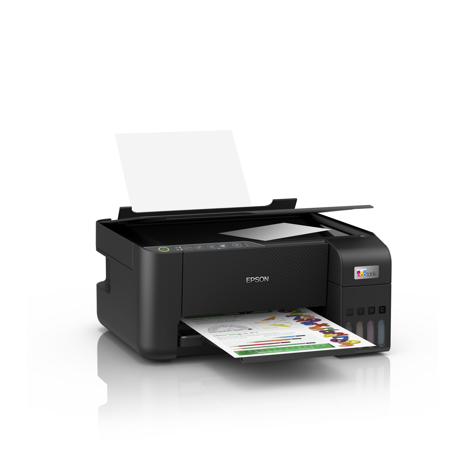 Zwarte Epson-printer met papieruitvoer. Er ligt een blanco papier in de invoerlade.