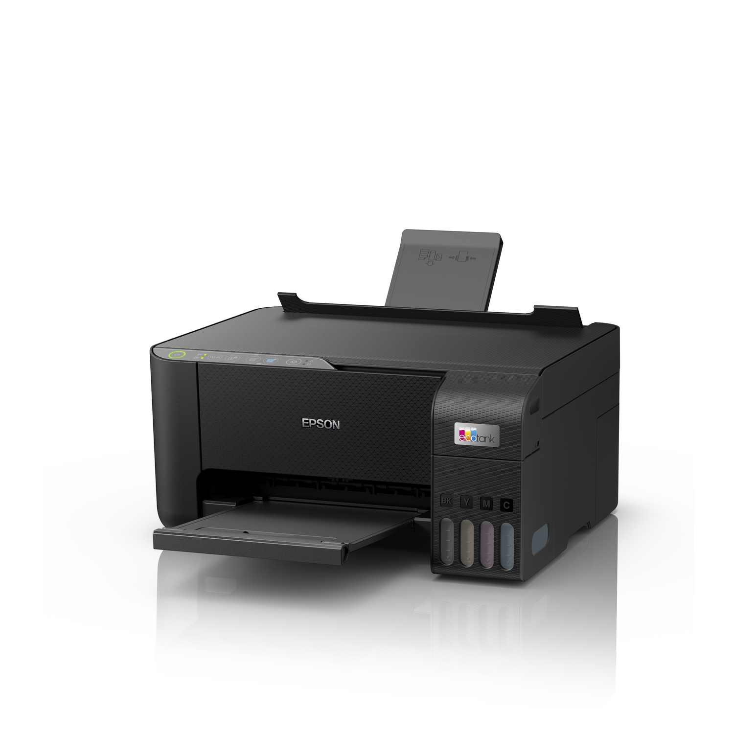 Zwarte Epson-printer, papieruitvoertray open, kleurentanks zichtbaar.