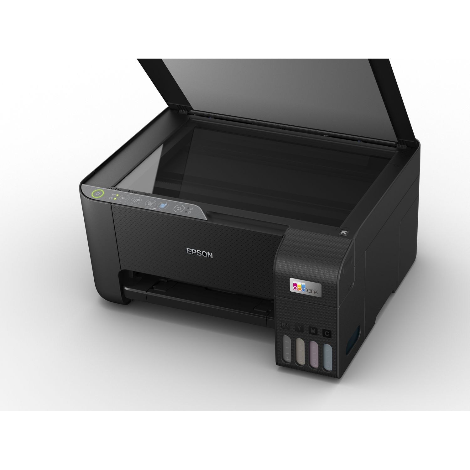 Een zwarte Epson EcoTank-printer met inkttanks en een open scannerklep.