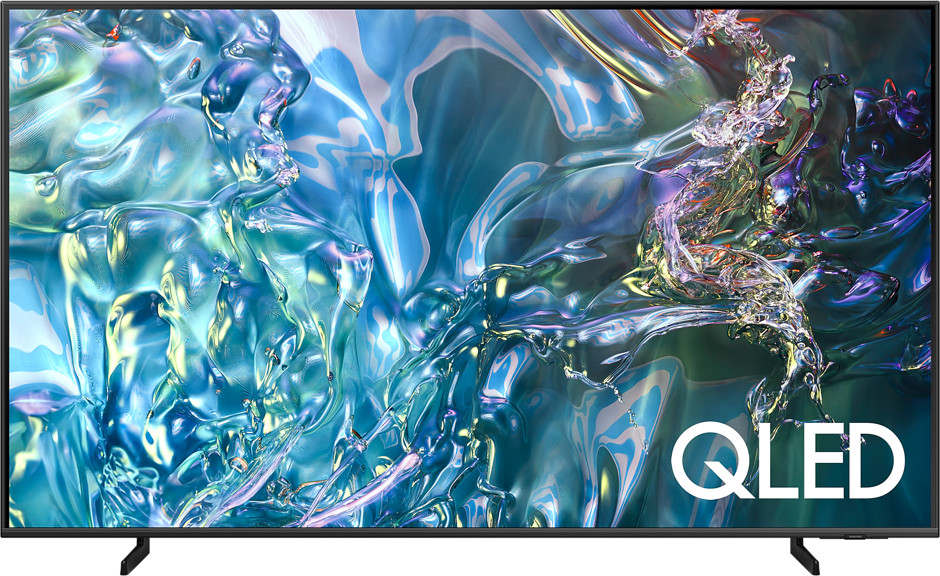 QLED TV színes absztrakt képpel, fekete kerettel és állvánnyal.