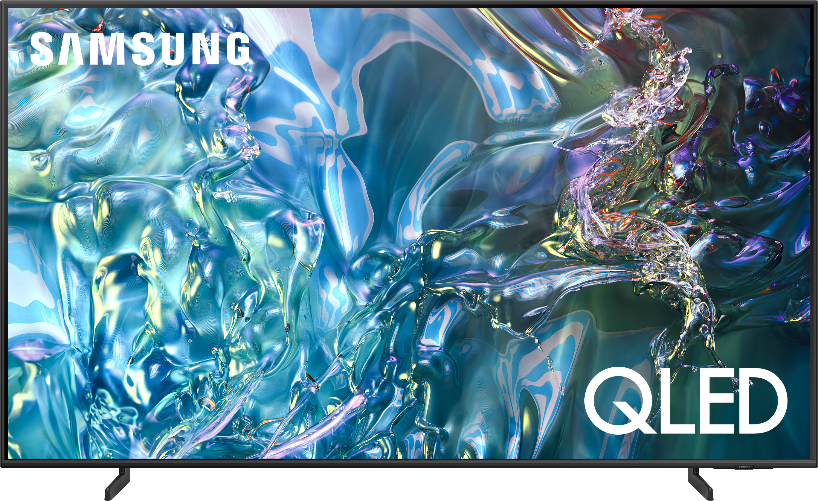 Nagy Samsung QLED TV képernyő, kék és türkiz absztrakt háttérrel.
