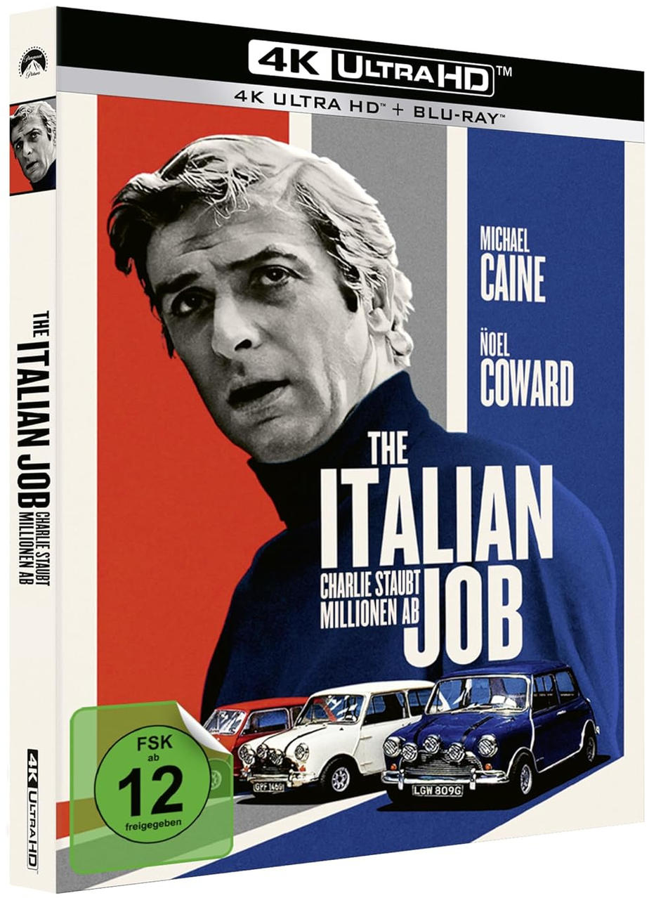 Filmcover für 'The Italian Job'. Enthält Michael Caine, Autos und den Titel in großen Buchstaben.