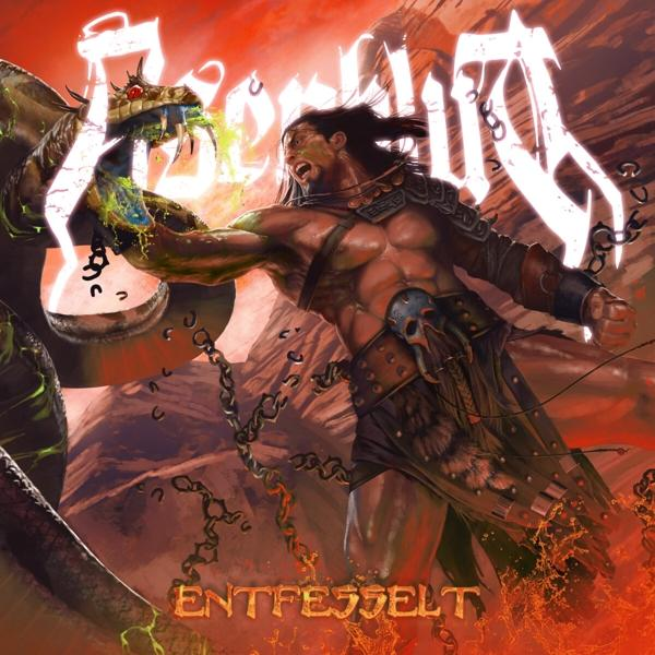 Comic-Cover: Krieger kämpft gegen Drachen, roter Hintergrund, Titel 'Entfesselt'.