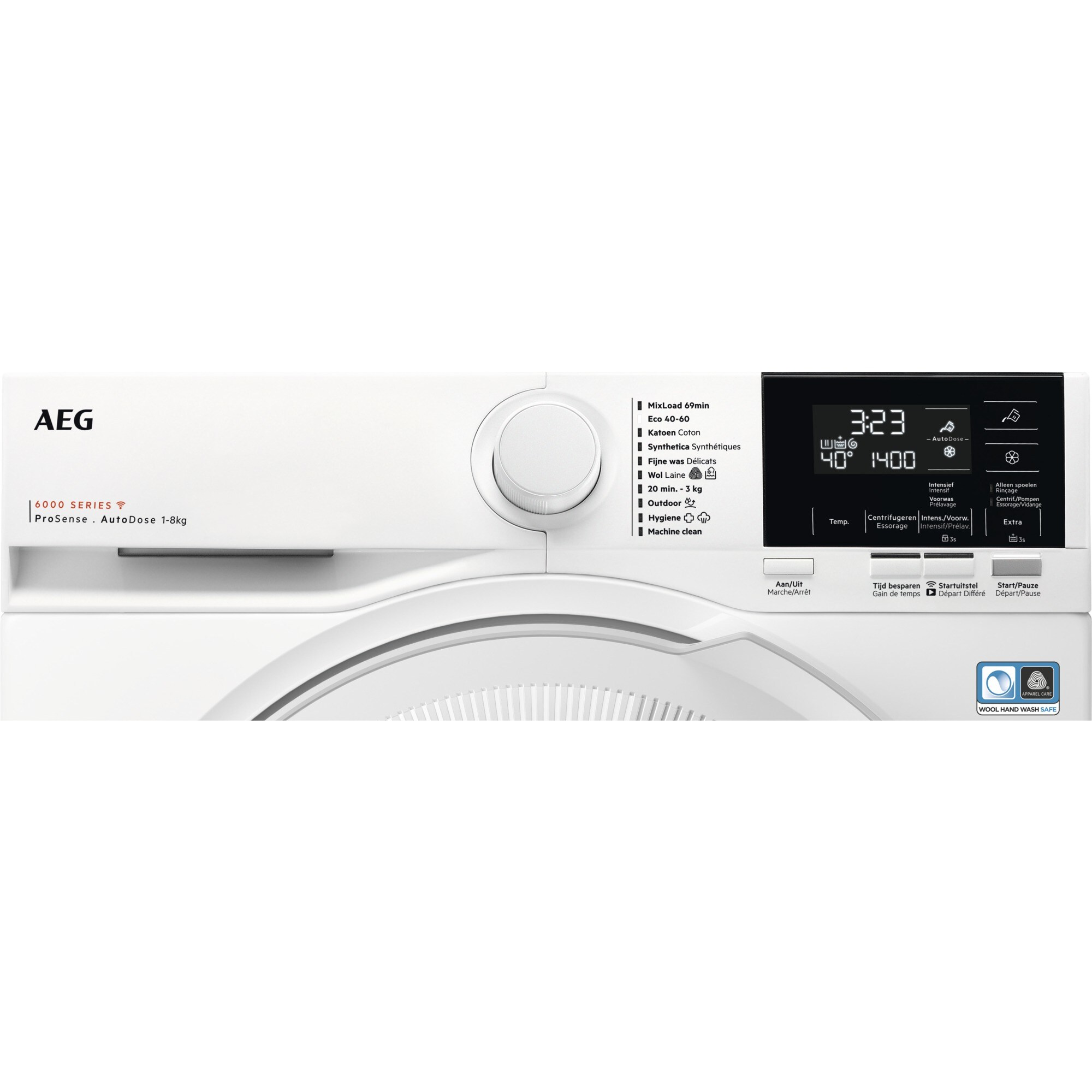 A white AEG washing machine control panel, showing a dial, display, and various icons.
