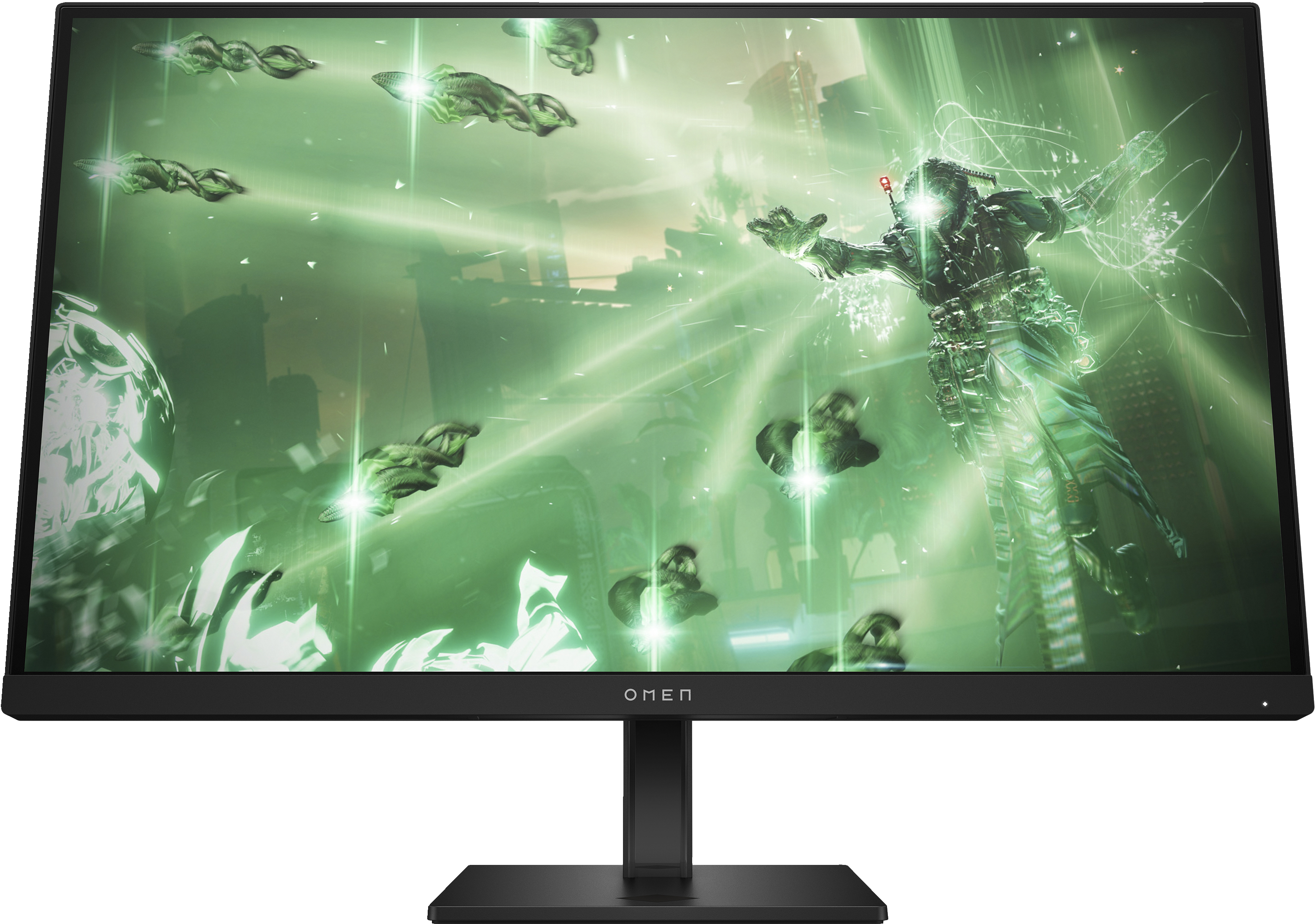 Ein schwarzer Computermonitor, der eine grün beleuchtete Videospielszenen zeigt.