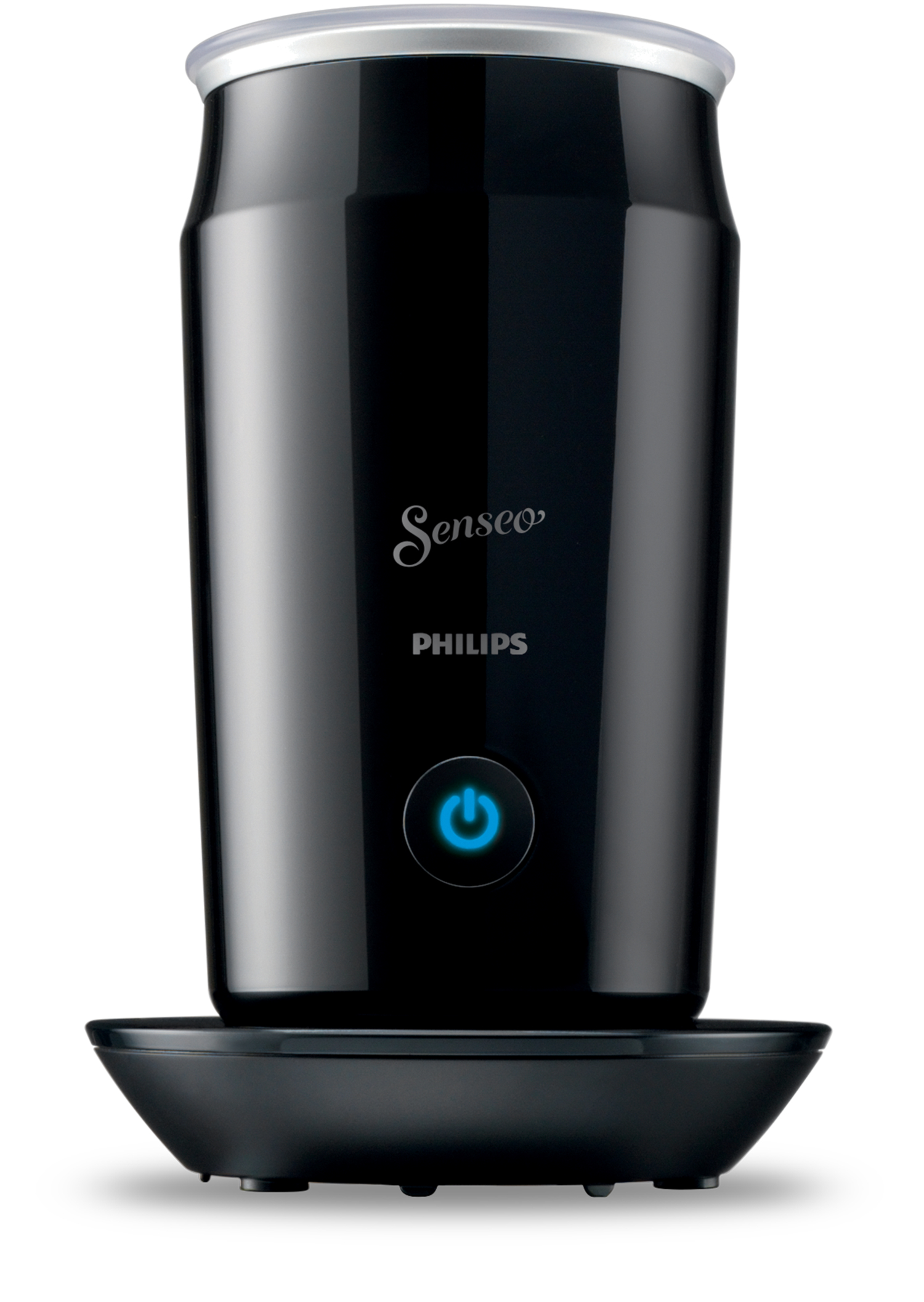 Schwarze und silberne Senseo Philips Kaffeemaschine. Blauer Einschaltknopf leuchtet.