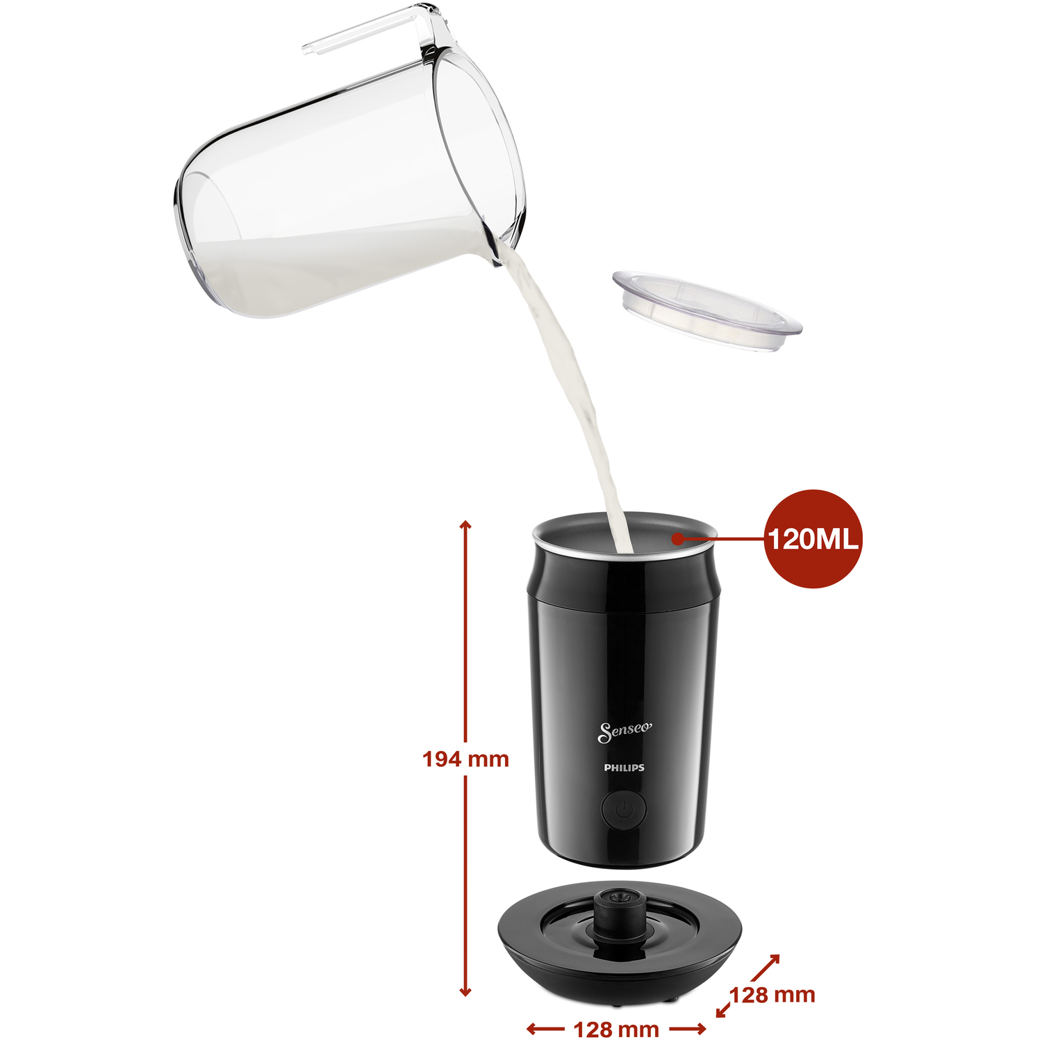 Milch wird aus einer Kanne in eine schwarze Tasse gegossen. Abmessungen und Beschriftungen sind zu sehen. Weißer Hintergrund.