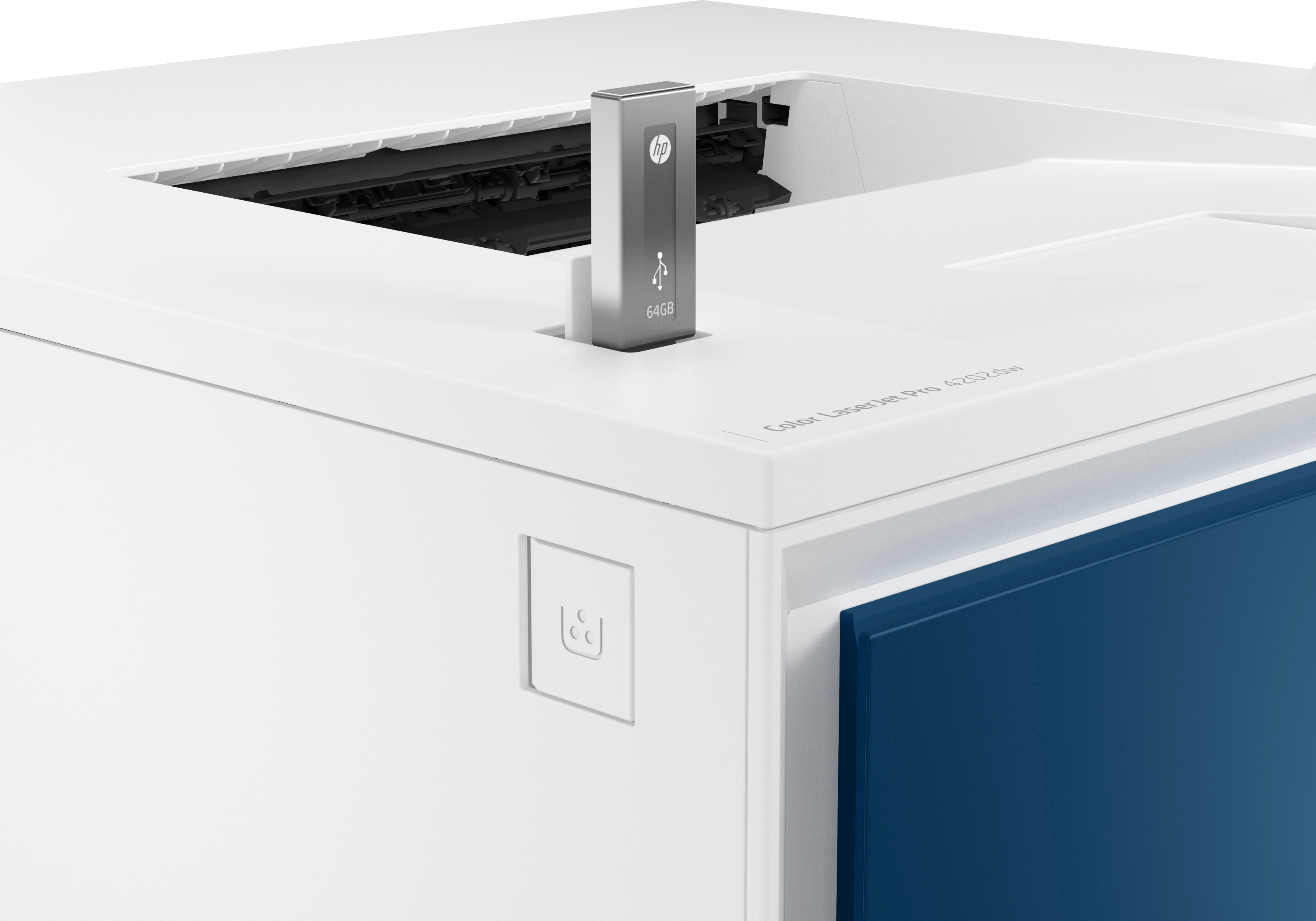 Ein weißer Drucker mit einem USB-Laufwerk. Der Drucker hat einen blauen Akzent an der Vorderseite.