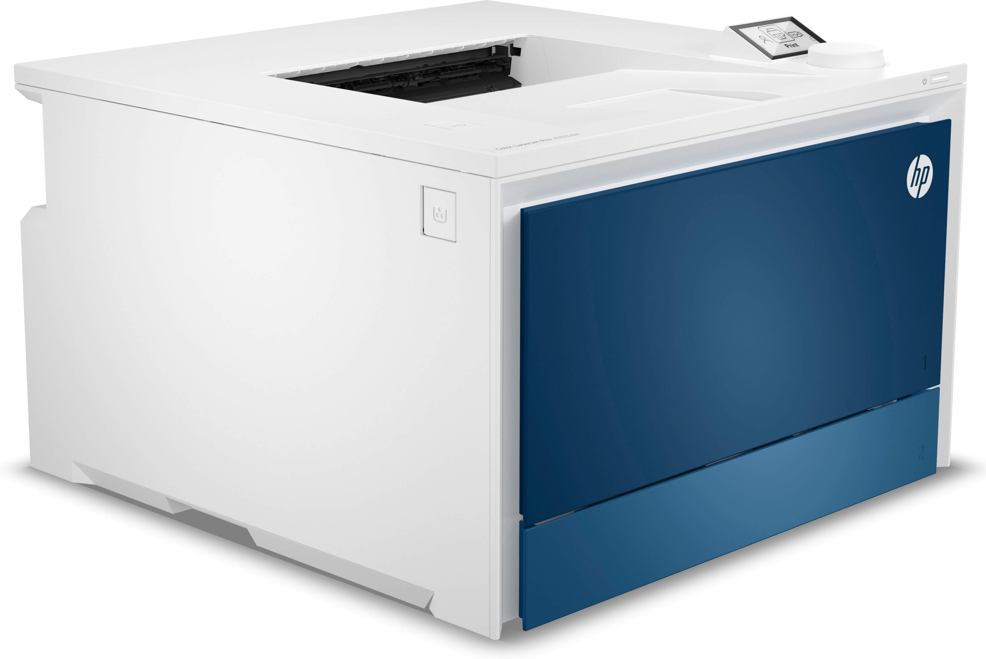 Weißer und blauer HP Drucker. Der blaue Bereich befindet sich an der Seite des Druckers.