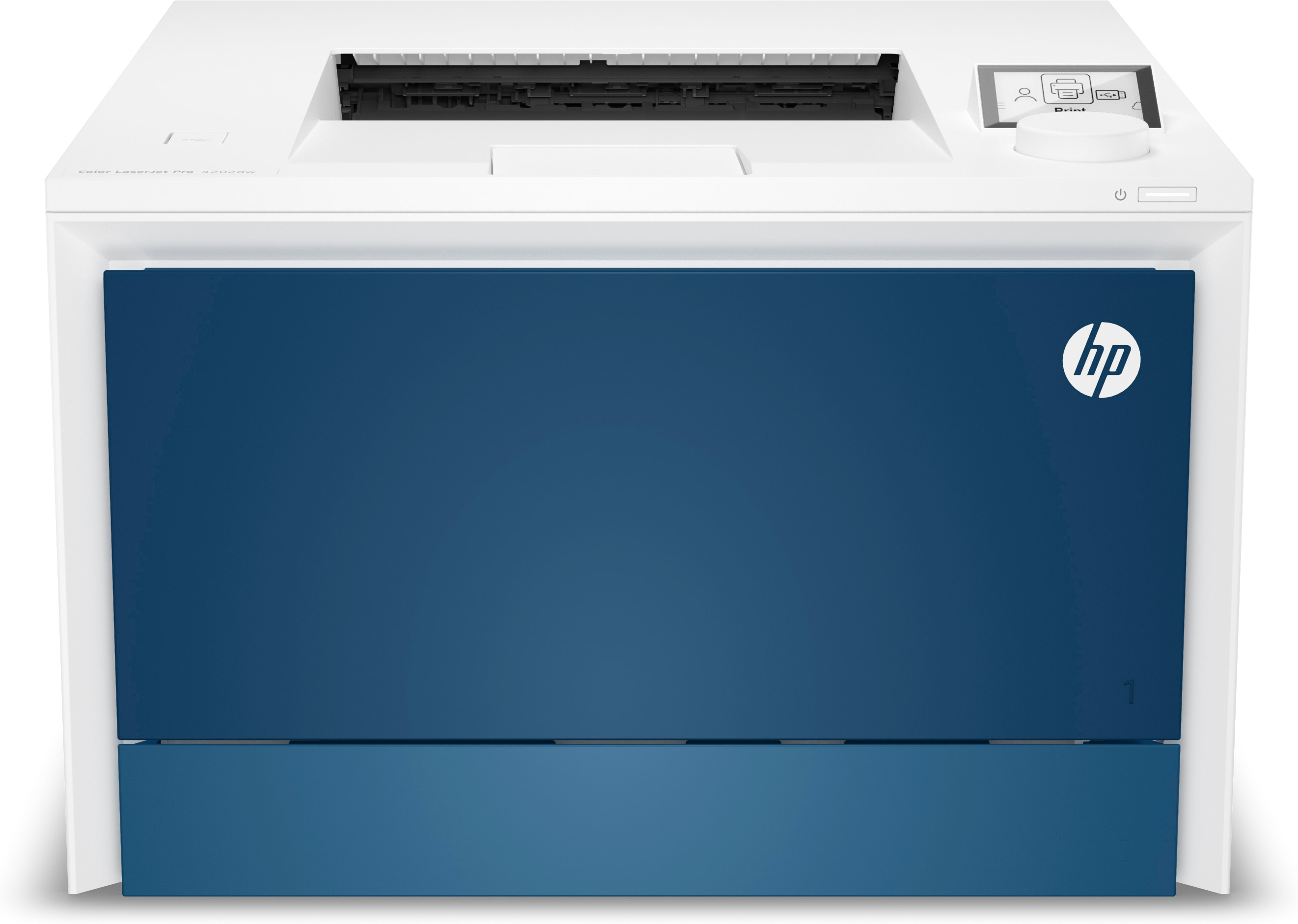 Ein blau-weißer HP-Drucker mit Bildschirm und HP-Logo.