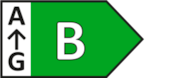Ein grünes Energieeffizienz-Label mit dem Buchstaben B in einer spitz zulaufenden Form.