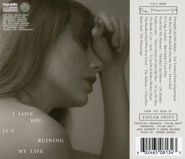 Albumcover mit Frauenprofil, Text: I LOVE YOU, IT'S RUINING MY LIFE, und Songtiteln.