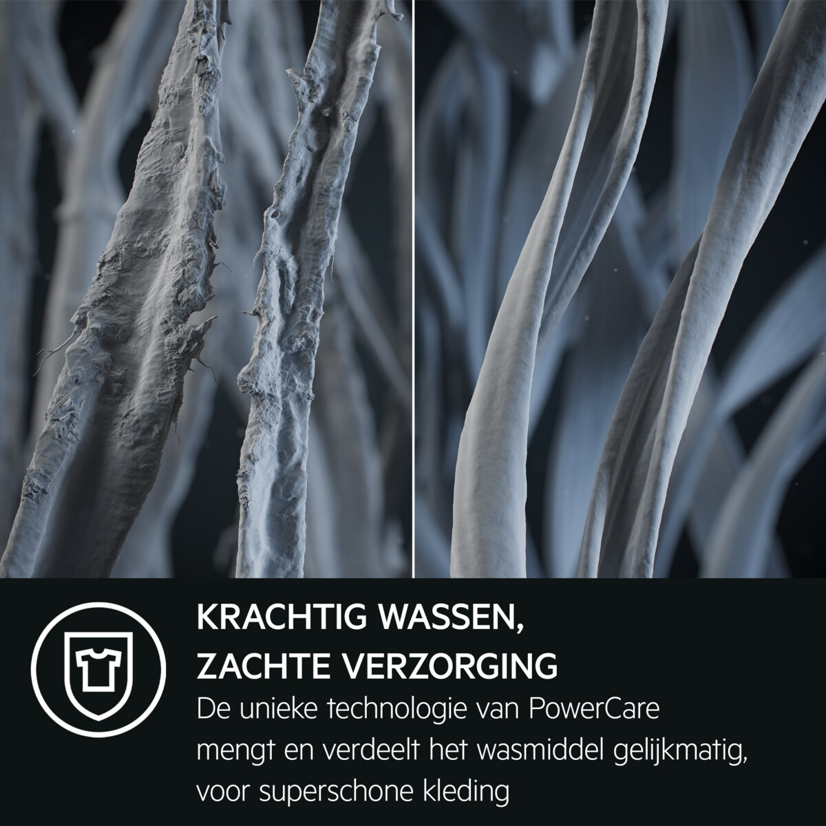Close-up van stofstrengen. Tekst in het Nederlands over wassen en verzorging.