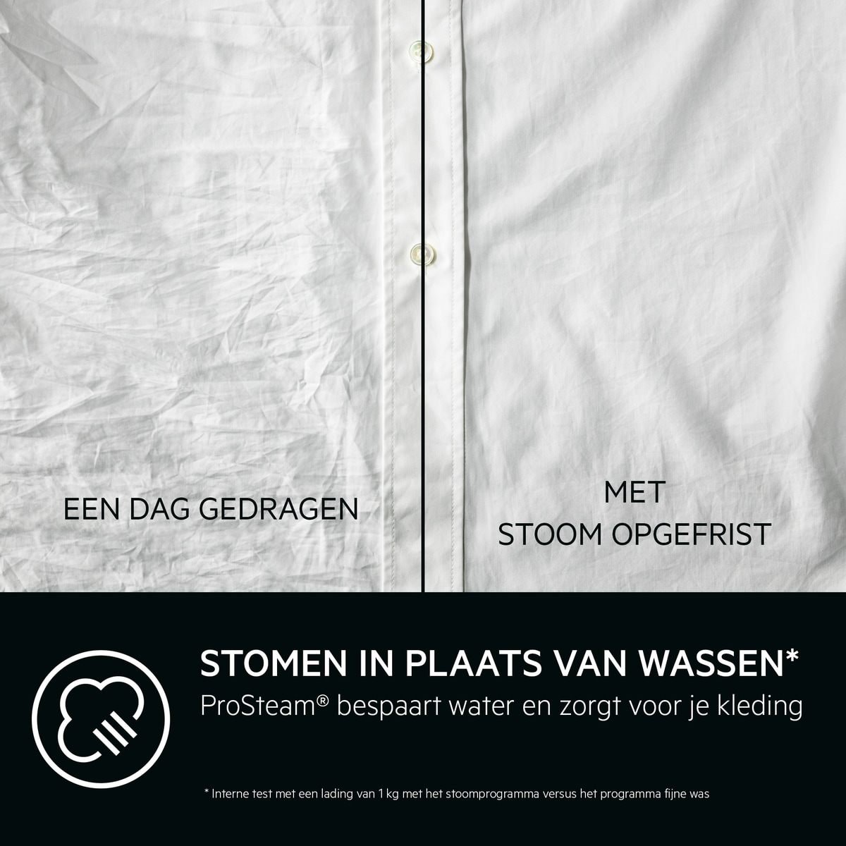 Twee helften van een wit overhemd, één gedragen, één gestoomd. Tekst: 'Stomen in plaats van wassen'.
