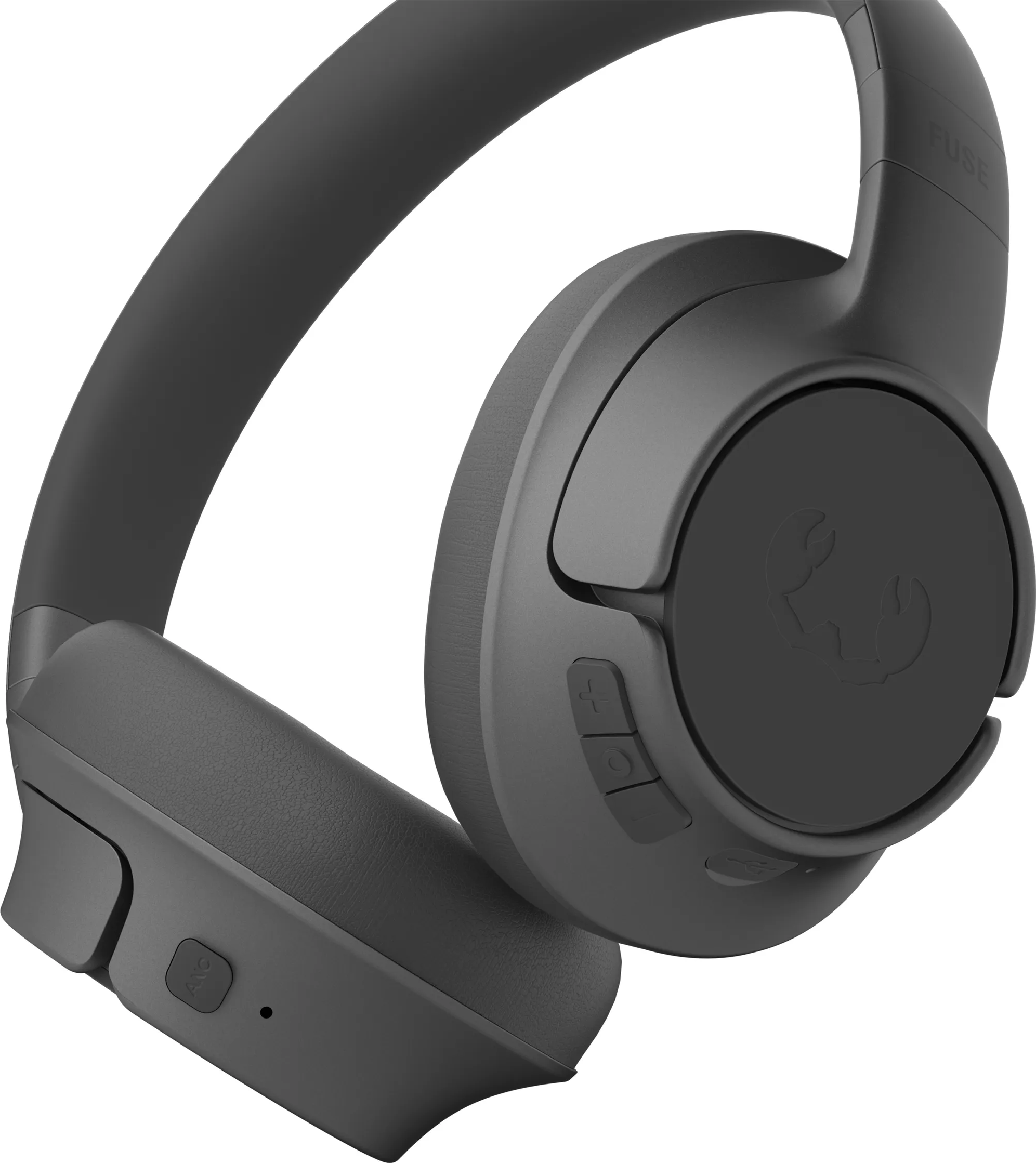 Cuffie wireless grigie. Pulsanti sul padiglione destro. Logo nero all'esterno.
