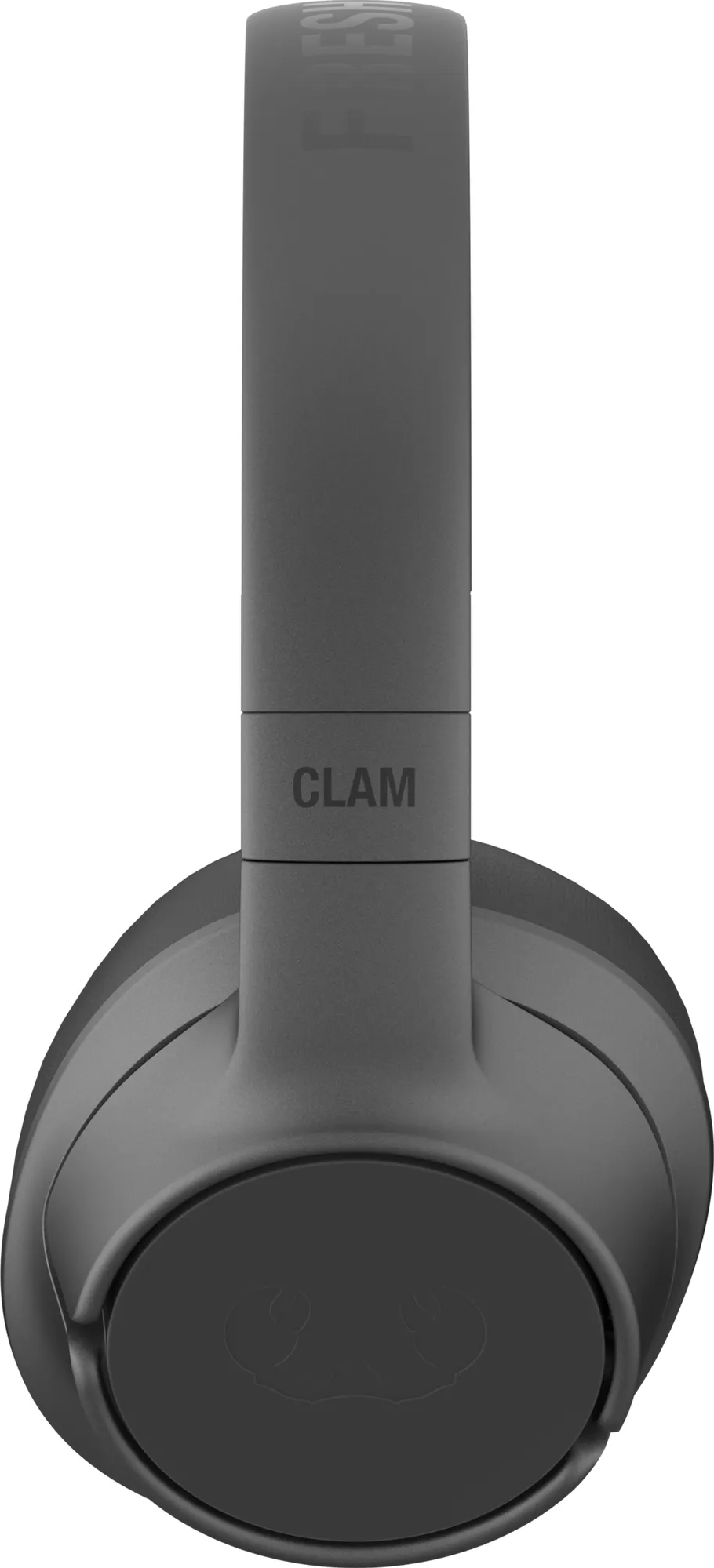 Cuffie grigio scuro con 'CLAM' scritto sulla fascia. I padiglioni auricolari hanno una forma rotonda.