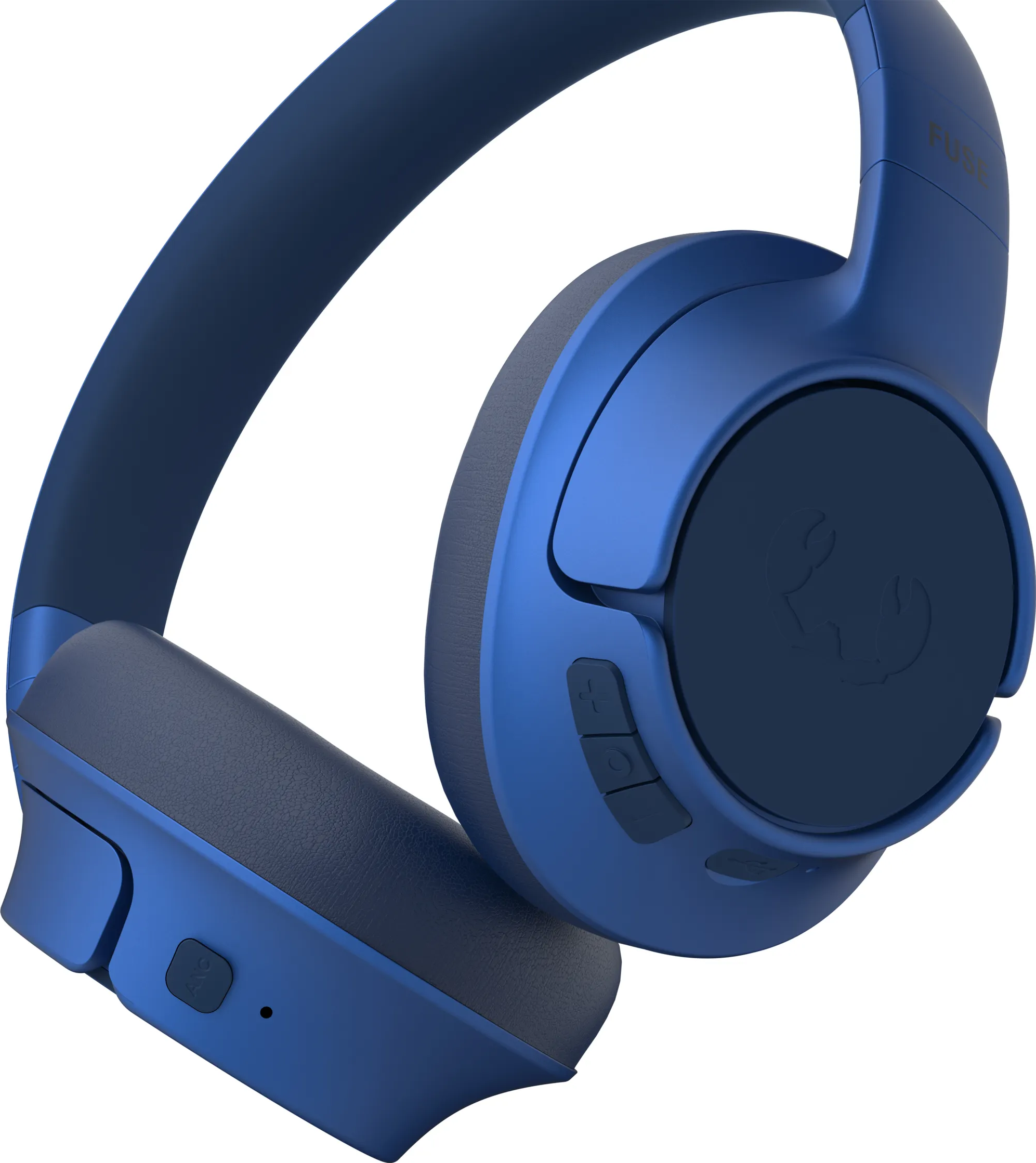 Cuffie blu con controlli sul padiglione auricolare. Un logo è visibile sul lato.