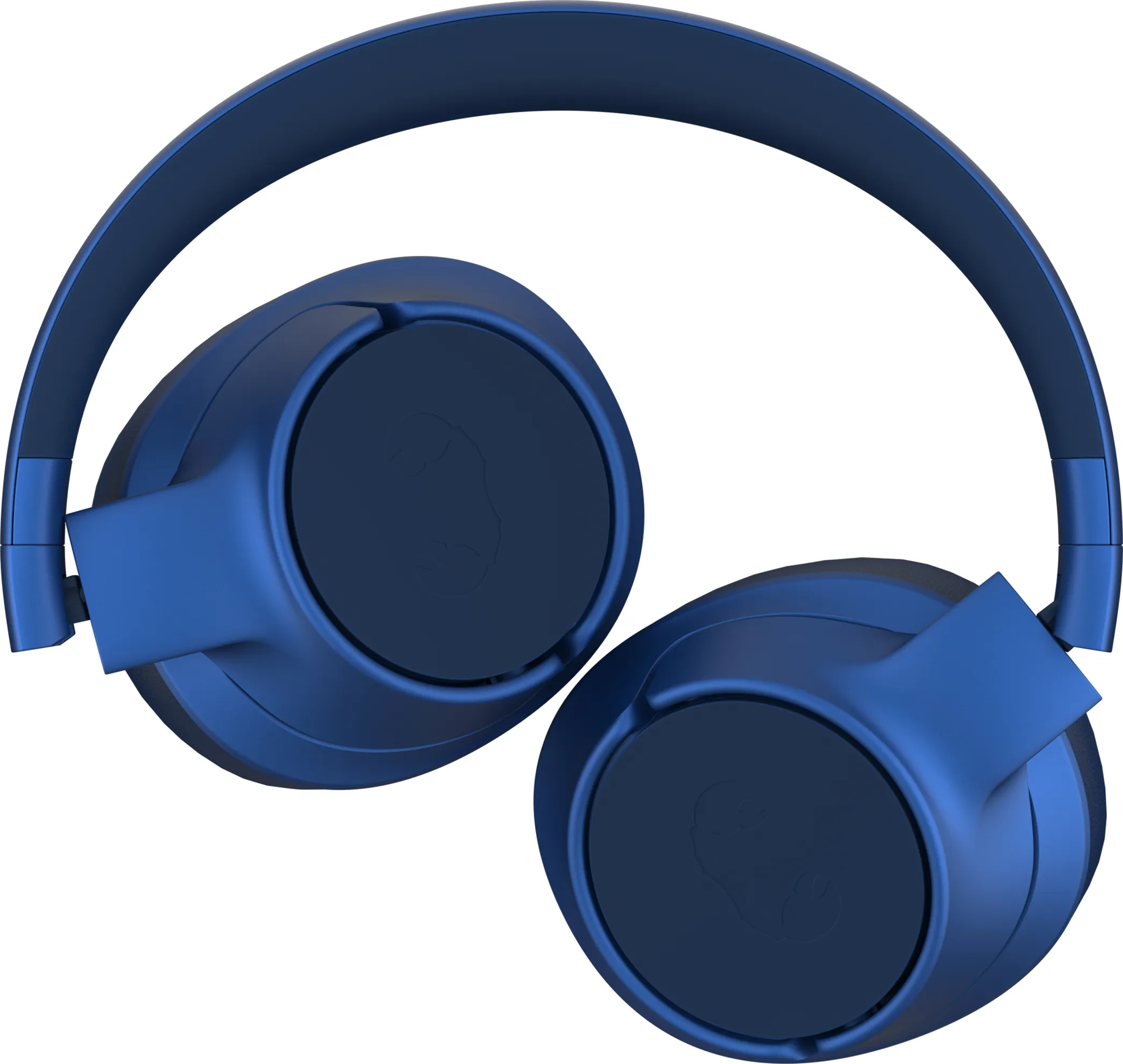 Cuffie blu piegate, che mostrano i padiglioni, su sfondo bianco.
