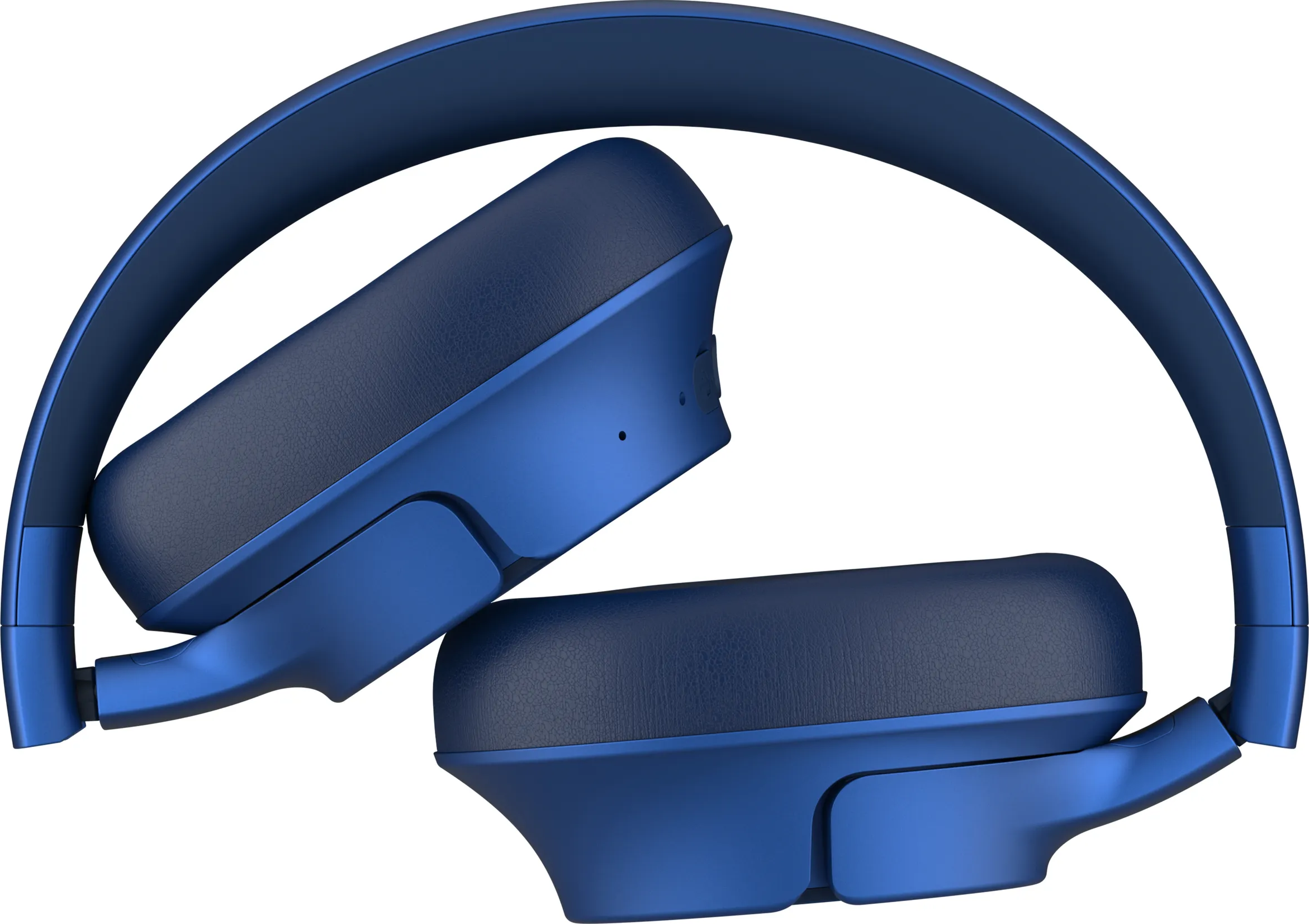 Cuffie blu pieghevoli over-ear, piegate. Padiglioni e archetto blu.