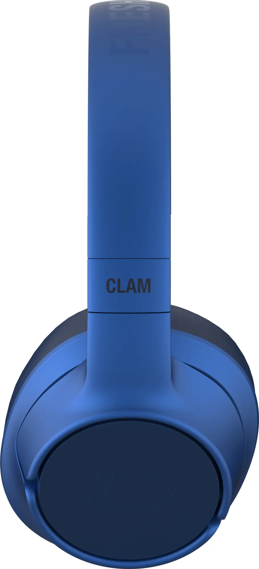 Cuffie blu, vista angolata, con la scritta 'CLAM' sull'archetto.