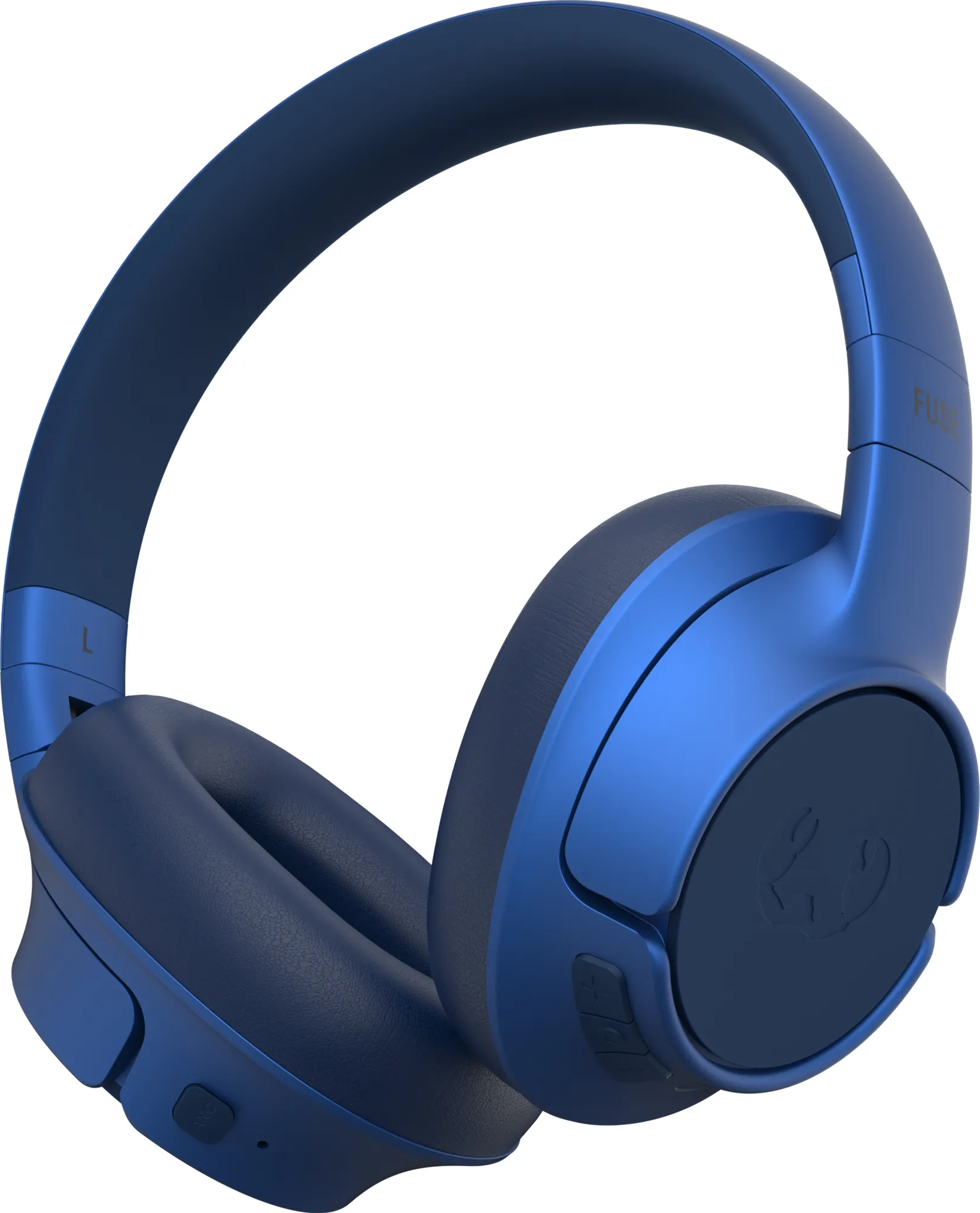 Cuffie wireless blu con la parola FUSE sulla fascia.