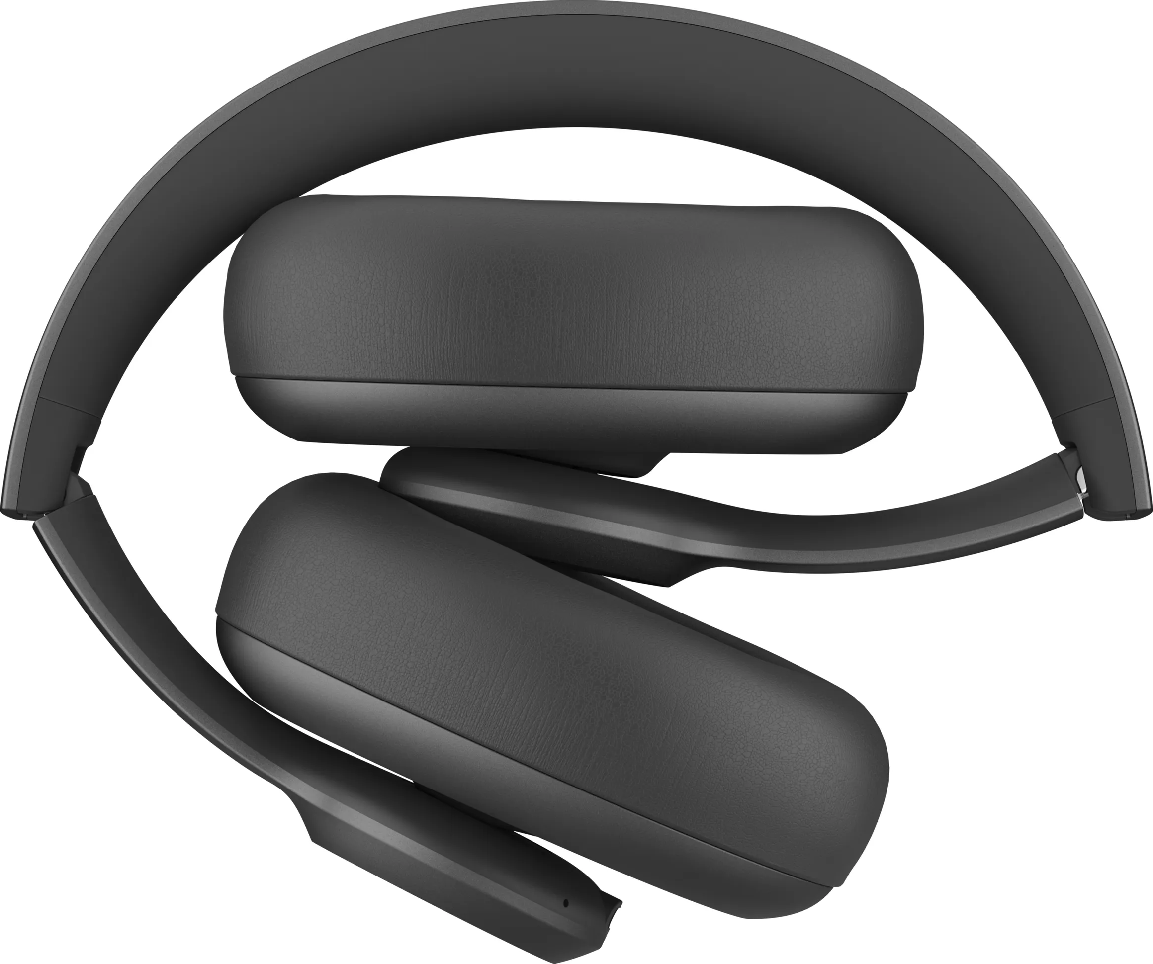 Casque noir plié. Les écouteurs sont visibles et l'arceau est courbé.