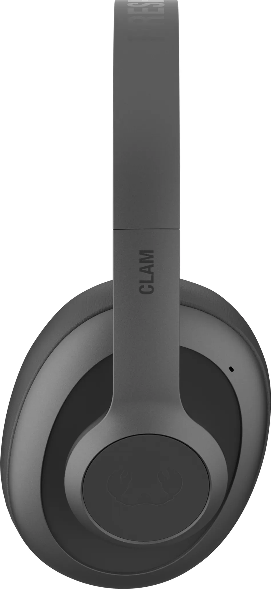 Une paire d'écouteurs gris avec le mot "CLAM" sur le bandeau et un design d'oreillette circulaire.