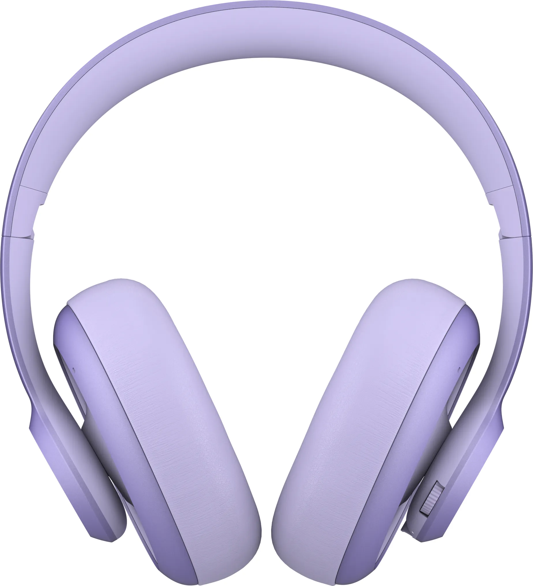Un casque violet avec un serre-tête violet clair est présenté de face.