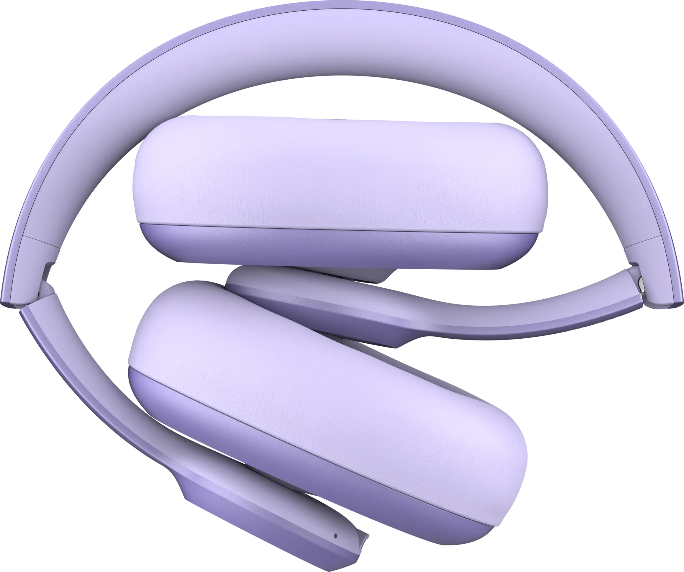 Casque violet plié. Les écouteurs et l'arceau sont visibles.